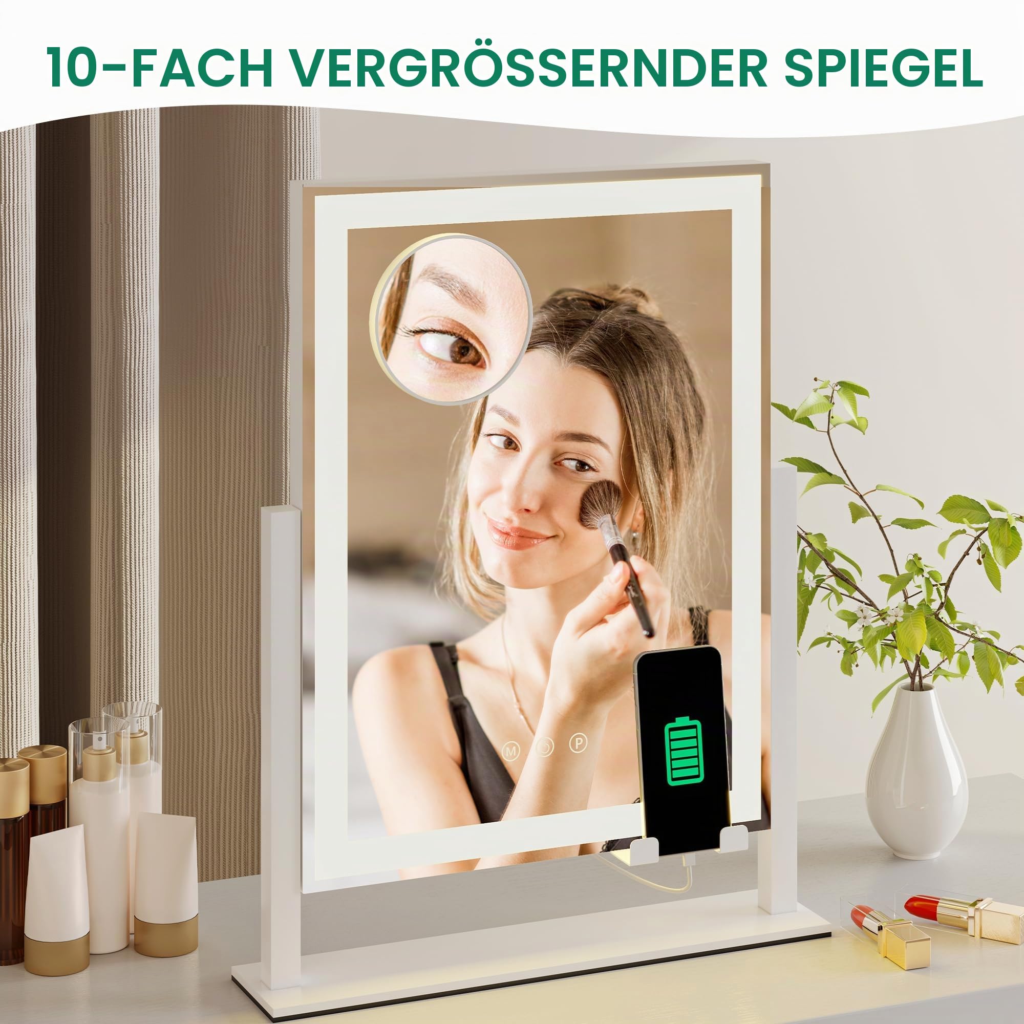 YITAHOME Beleuchteter Kosmetikspiegel mit 3 Farben & Dimmfunktion, 30 x 40 cm Hollywood Spiegel, 360° Schwenkbar, 10-facher Vergrößerung, Smart Touch Sensor, Spiegel mit Licht für Makeup