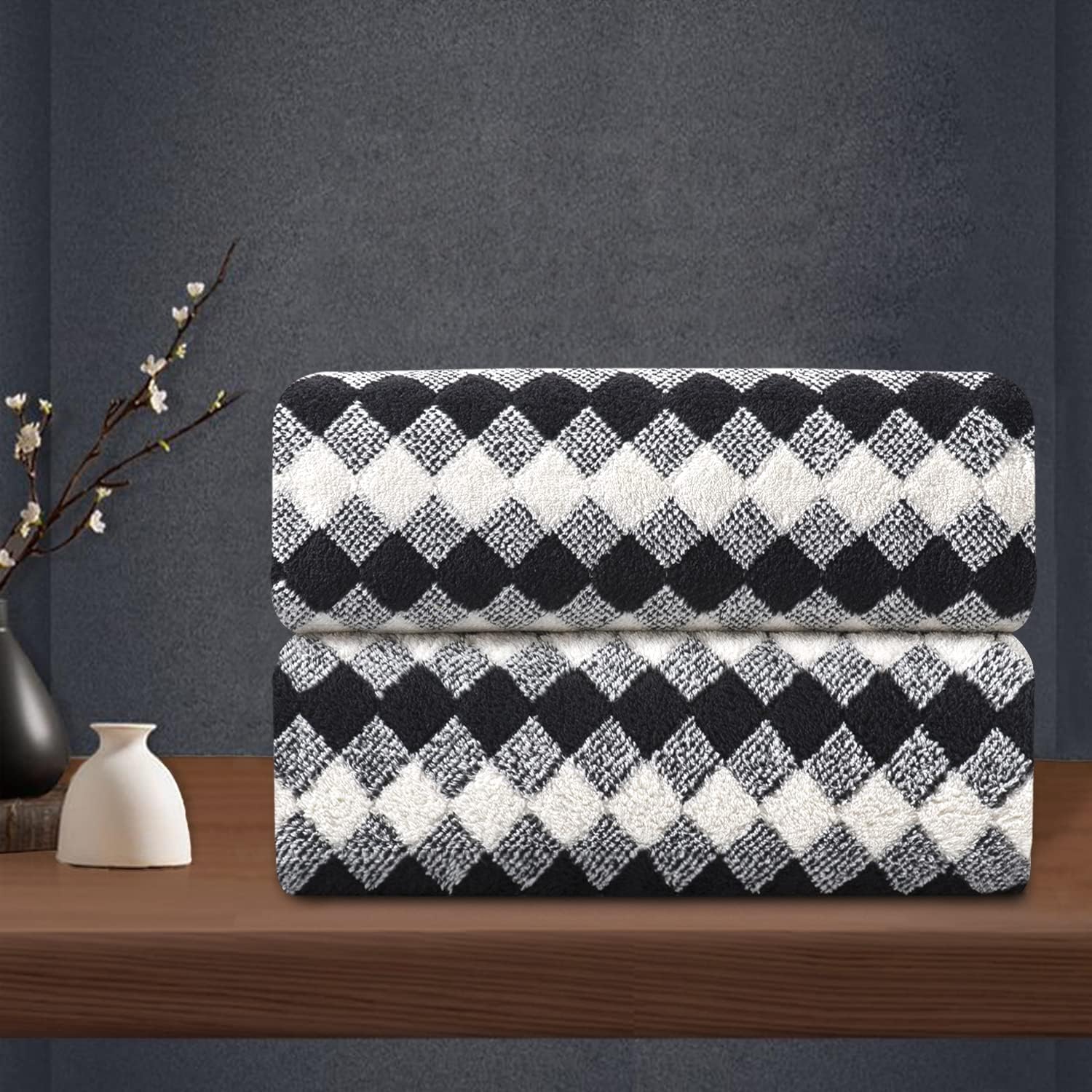 2 Hand Towel Set 16"x31" Black White Towel Set for Bathroom,Highly Absorbent & Quick Dry Hand Towel for Daily Use,Soft Microfiber Multipurpose Towel Collection for Hotel,Spa,Shower,Gym