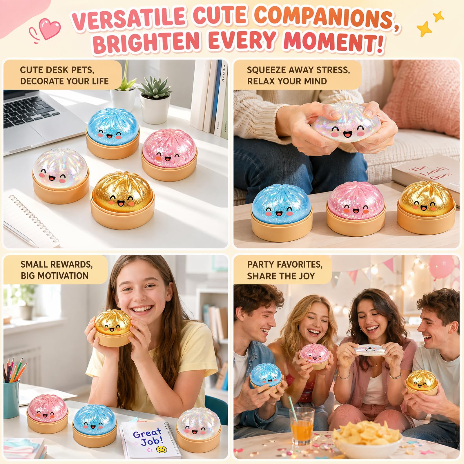 Glitter Squishy Bao Dumpling, 4Pcs Mystery Dumplings Squishies Fidget Toys - Image 8