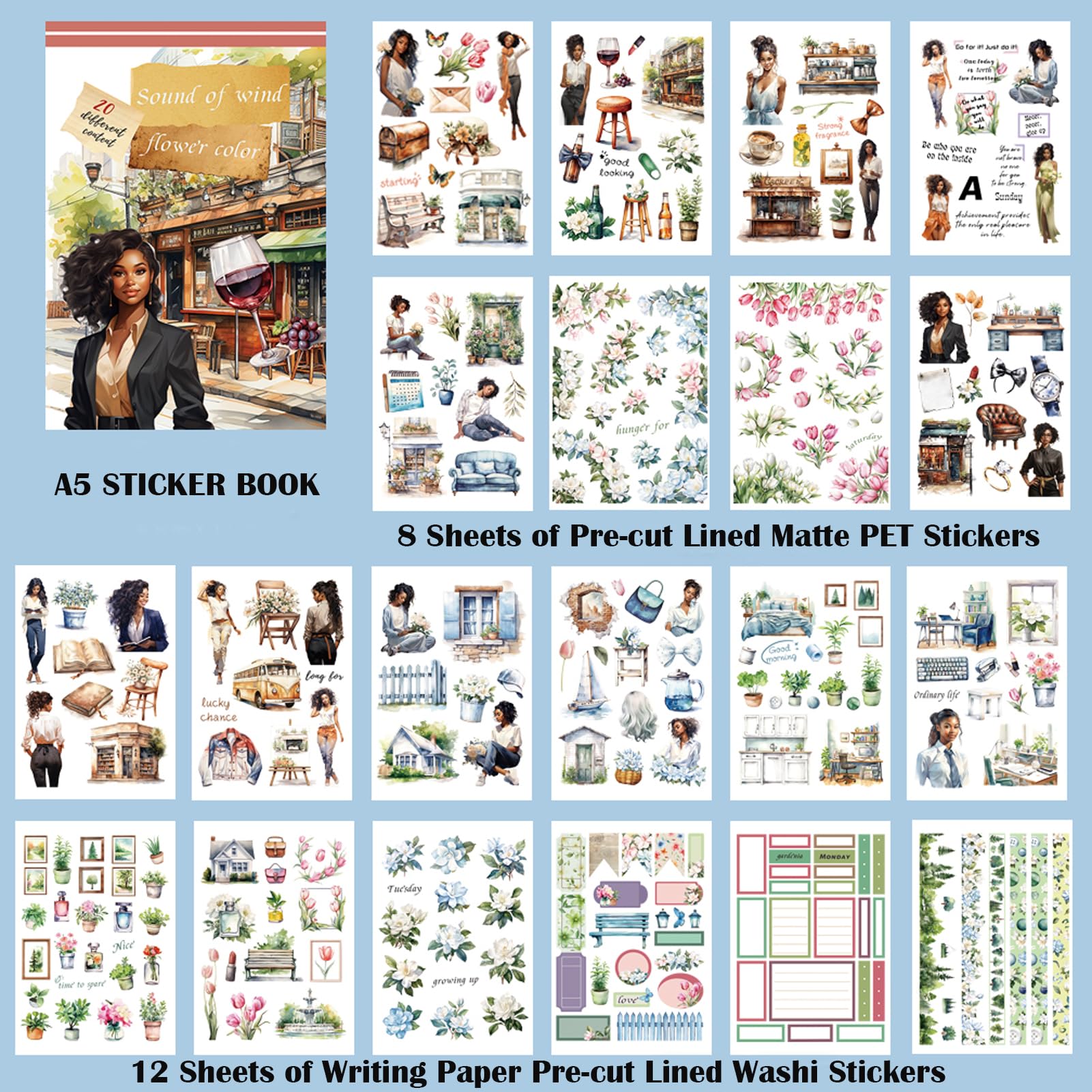 Książka z naklejkami w stylu vintage, efemeryda, 20 arkuszy, wstępnie wycięta książka z naklejkami do scrapbookingu, podwójne naklejki PET i Washi na artykuły do dziennika śmieci, naklejki z kwiatami