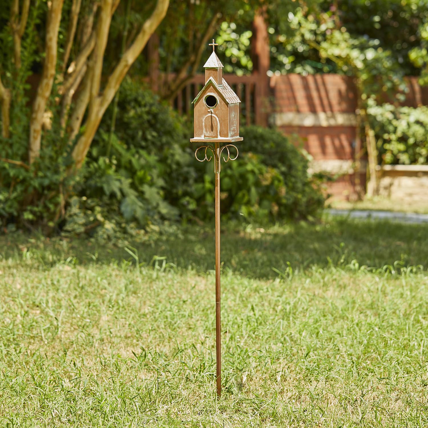 Nichoir à oiseaux en métal imitation cuivre vieilli avec grand piquet de sol stable