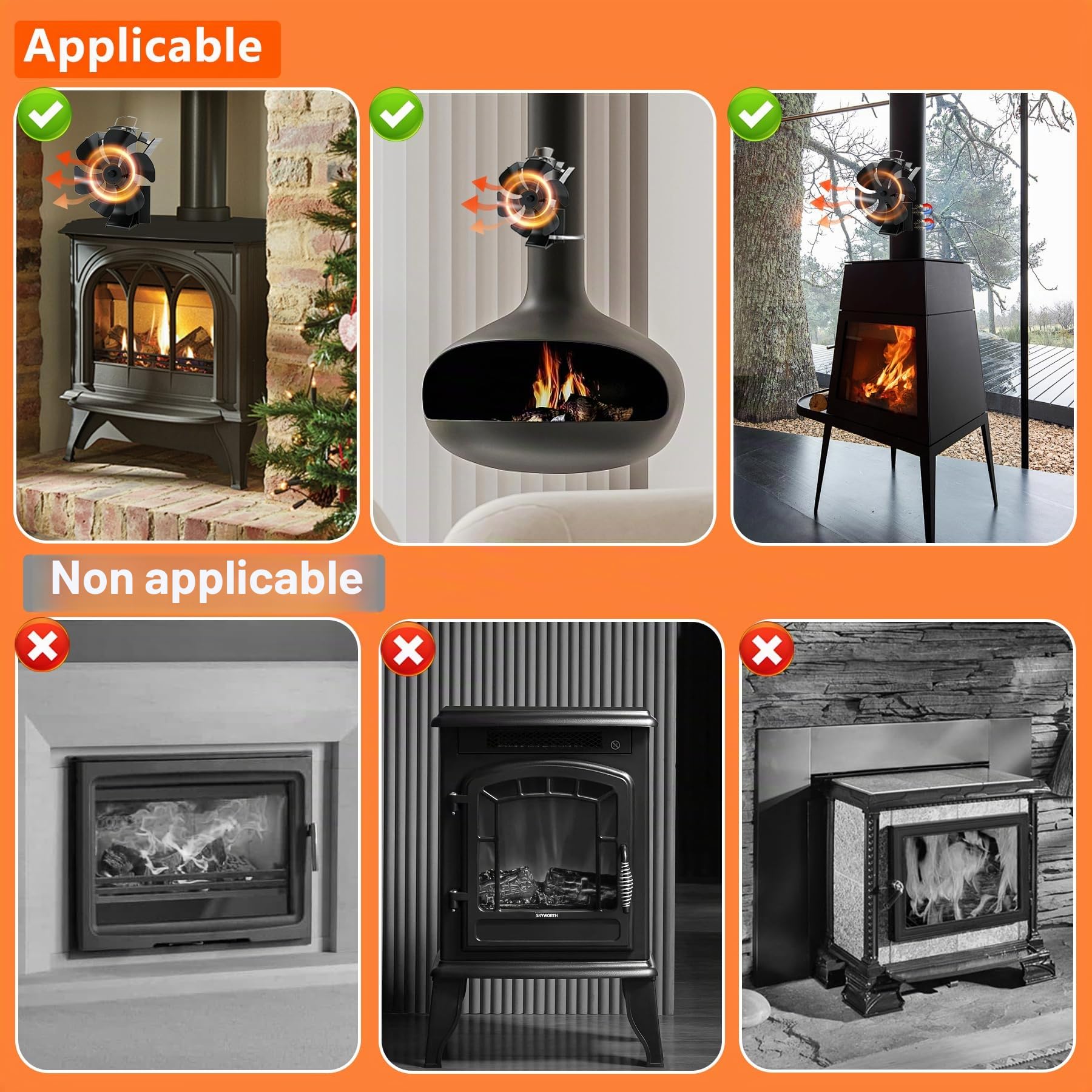 Ventilateur de poêle magnétique 3 en 1 - 6 feuilles - Avec thermomètre - Fonctionnement silencieux - Fonctionne à la chaleur - Sans électricité - Pour bois/brûleur à bois/cheminée - Avec 1 anneau de