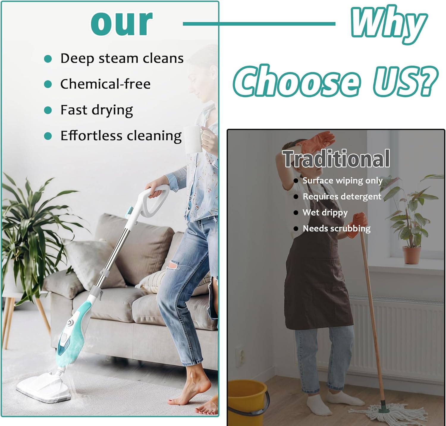 Steam Mops for Floor Cleaning, Handheld Steam Cleaner for Home, Lightweight All in 1 Steam Mop Detachable Steamer for Hardwood Floor Tile Couch, 2 Washable Pads, 1550W Deep Cleaning, White and Green