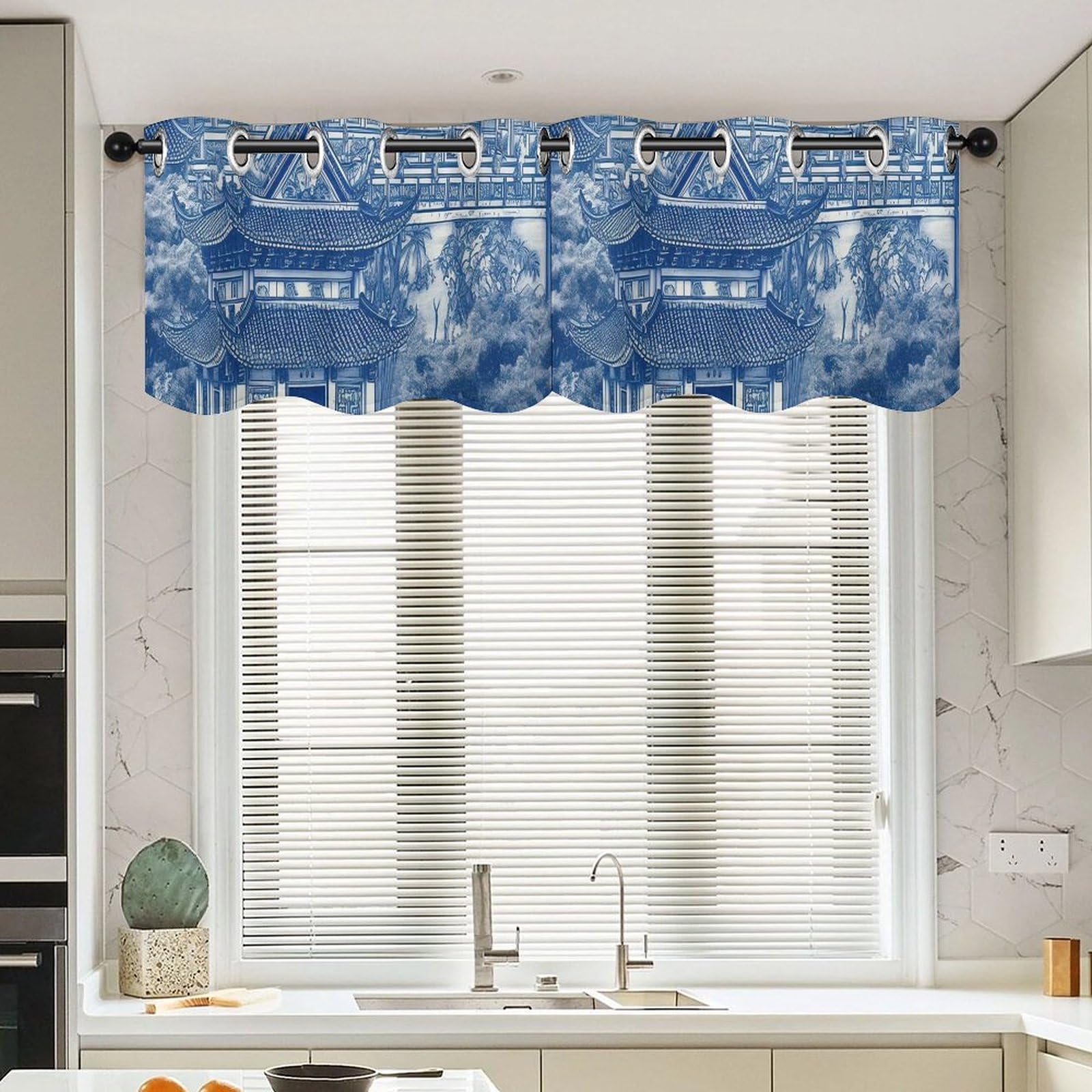 Rideaux courts pagode bleue style chinois 132x45,7 cm pour petite fenêtre salon et chambre