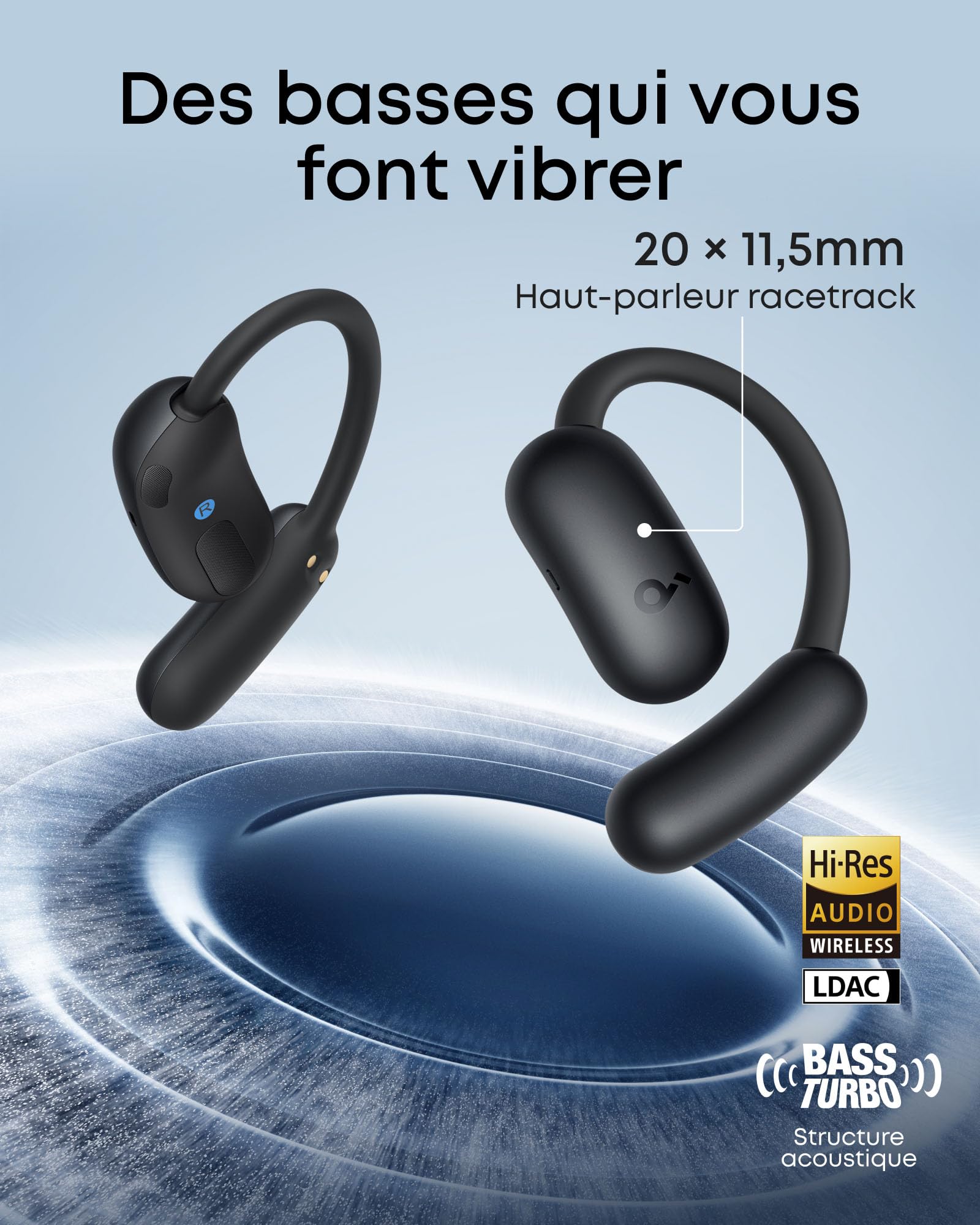 soundcore AeroFit 2 by Anker, écouteurs oreilles libres, 4 positions réglables, basses 2x plus riches, Hi-Res, autonomie 42h, IP55, appels clairs avec IA, chargement sans fil, traduction en temps réel