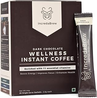 Gold Dark Chocolate Wellness Flavoured Instant Coffee | Vitamin Rich Diet Coffee | Flavoured Coffee | Pack of 20 Sachets | Premium Freeze Dried Coffee