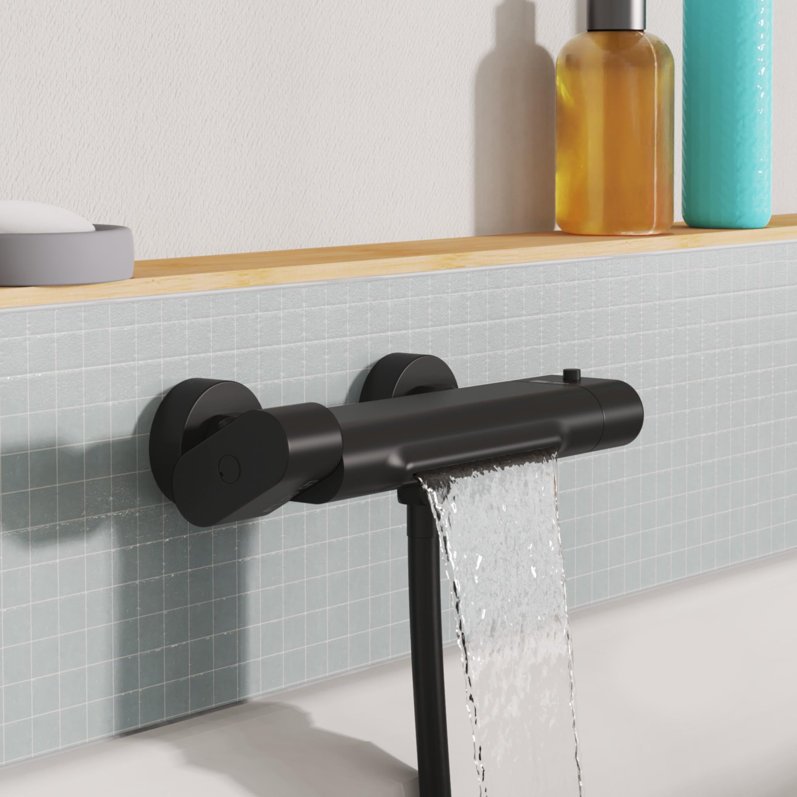 Grifo mezclador para bañera con regulación termostática, negro mate, caño cascada, bloqueo de seguridad 38 °C