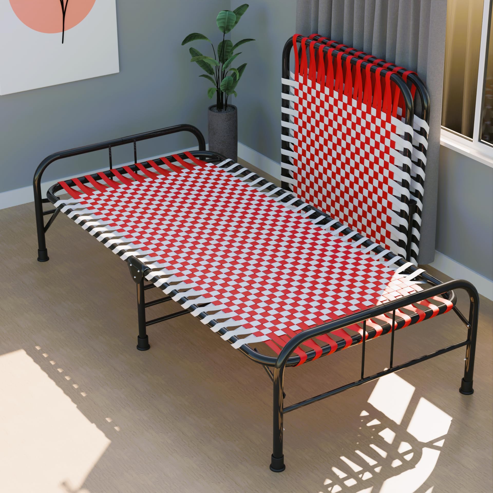 Foldable Bed Frame Portable Folding Single Cot of Iron Trundle for Adults Niwar Bed Charpai/Khatiya Floor for Sleeping (3x6 feet) (RED)
