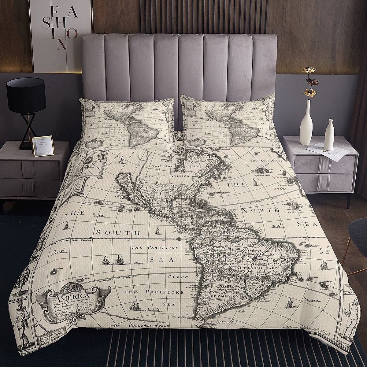 Homemissing World Map Quilted Bedspread Countries Major Capital Cities Universe Earth Continents Coverlet Pale Yellow Grey Bedding Cover with 2 Pillowcases 3Pcs Bedding Double