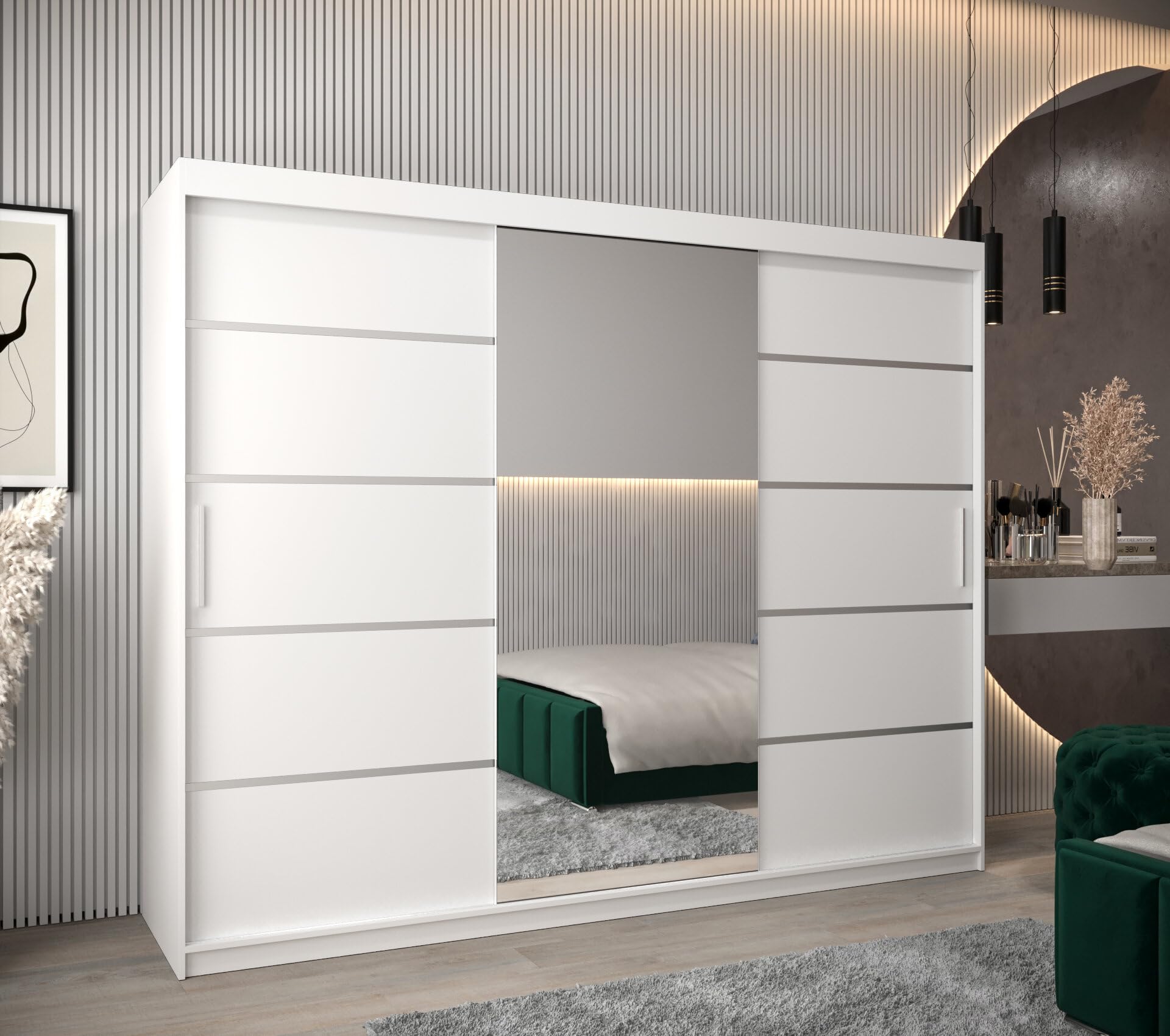MEBLE KRYSPOL Kleiderschrank mit Spiegel Verona 2 - Garderobenschrank - Schrank Schlafzimmer - Mehrzweckschrank DREI Schiebetüren - Regalen - Flur Möbel - Kleiderstange Schrank - Allzweckschrank