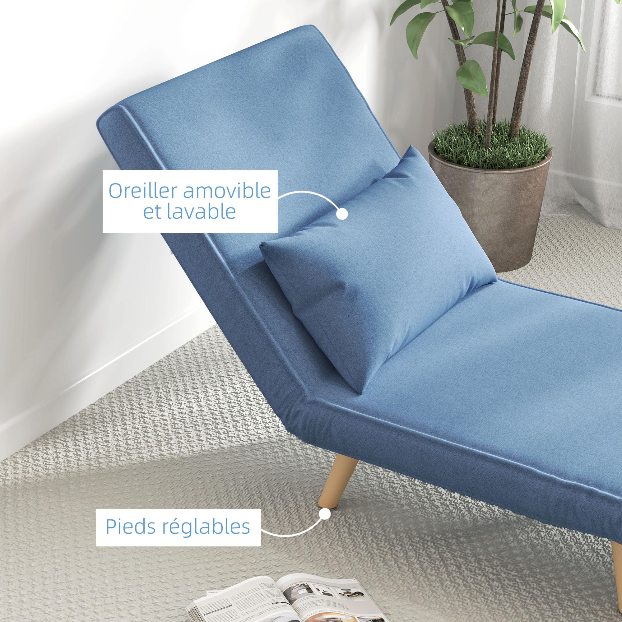 HOMCOM 3 en 1 Fauteuil Convertible 1 Place, Fauteuil lit et chauffeuse - Dossier inclinable 5 Niveaux et Oreiller Inclus, siège rembourré - pour Bureau, Salon, Chambre à Coucher, Bleu