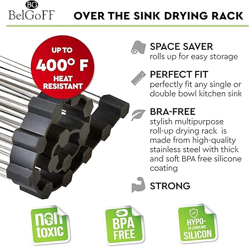 Miniatura 7 de Belgoff - Estante de secado de platos enrollable 21 pulgadas de largo x 16 de ancho plegable multiuso resistente al calor grande de acero inoxidable