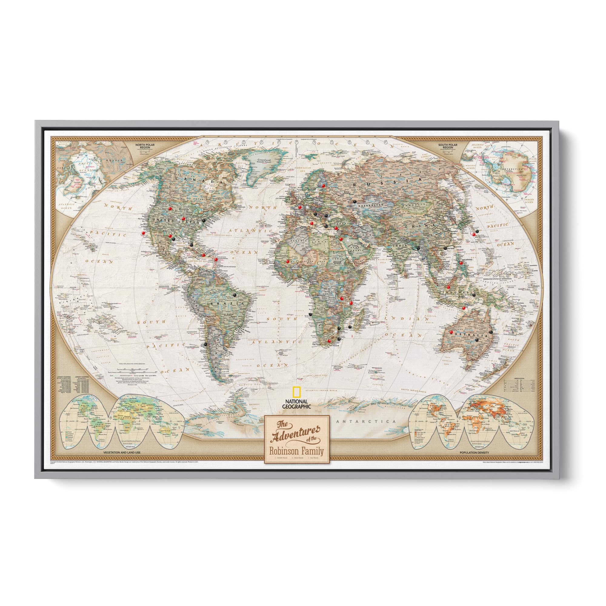 Executive World Push Pin Map – National Geographic Antique Style Canvas Travel Tracker – Framed Wall Decor – Silver Float Frame – 24" x 36"