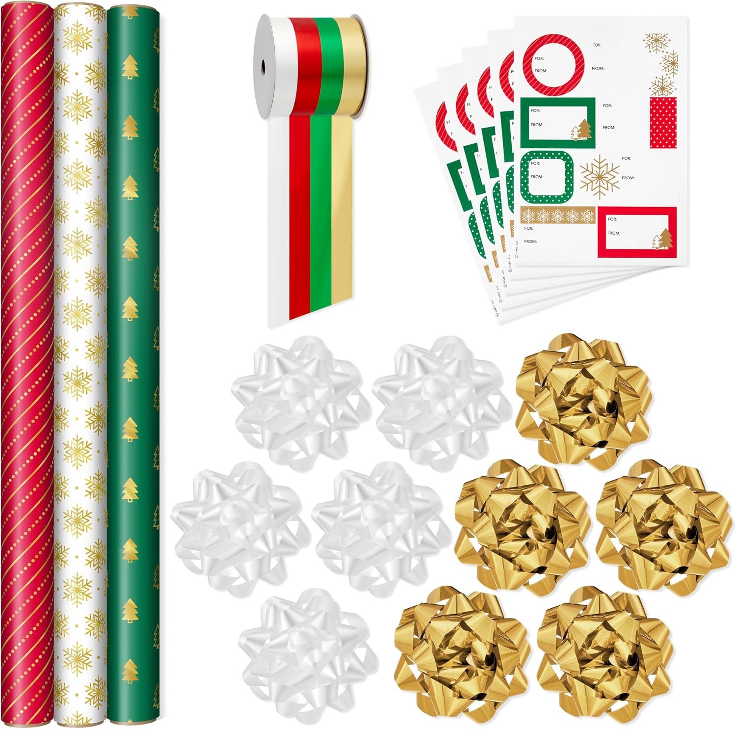 Hallmark Christmas Gift Wrapping Set, 3 Rolls (Gold, Red, Green, White)