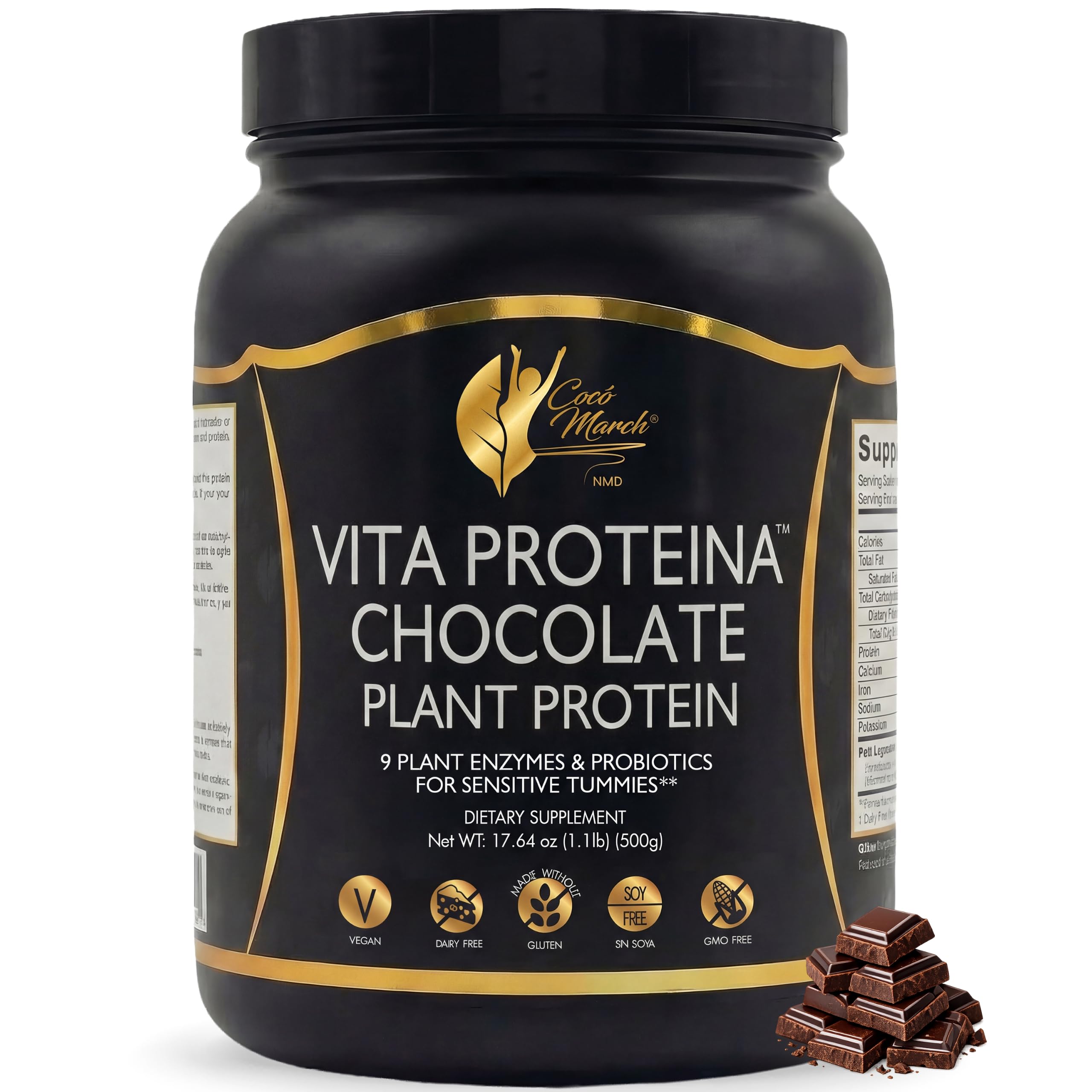 Cocó March N.M.D Vita Protein – Proteína Vegetal de Chocolate con Enzimas y Probióticos – 20 g por Ración – Sin Gluten, Sin Soja, Sin Lácteos, Sin OMG – Vegana – 500 g