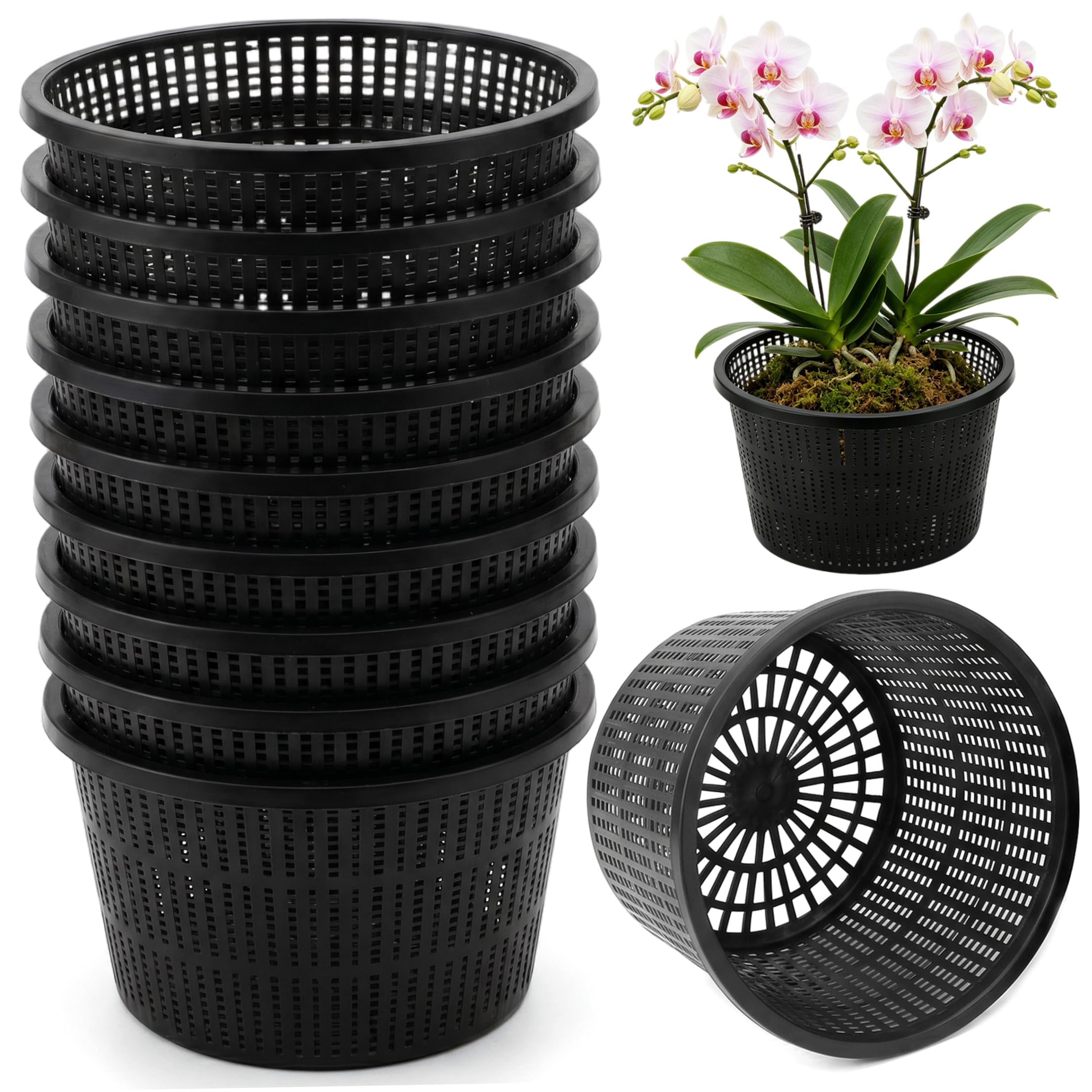 Grsrkep Net Pots 10PCS Plastic Breathable Pond Plant Baskets for Hydroponics & Aquatic Plants, Black