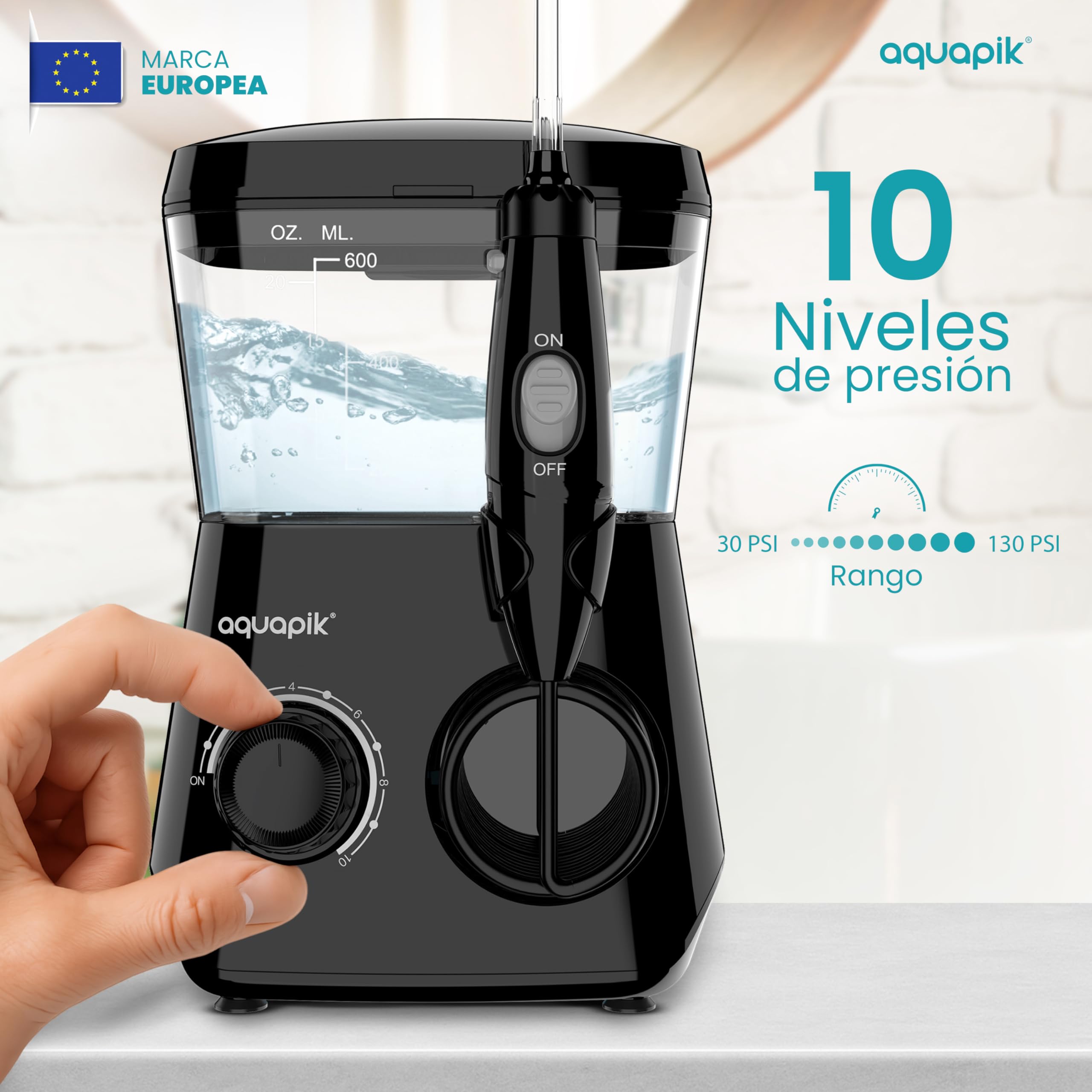Aquapik® ADVANCED irygator do jamy ustnej, idealny do ortodoncji, implantów i wrażliwych dziąseł, zestaw wybielający + 8 ust, 10 poziomów ciśnienia, zalecany przez dentystów (czarny)