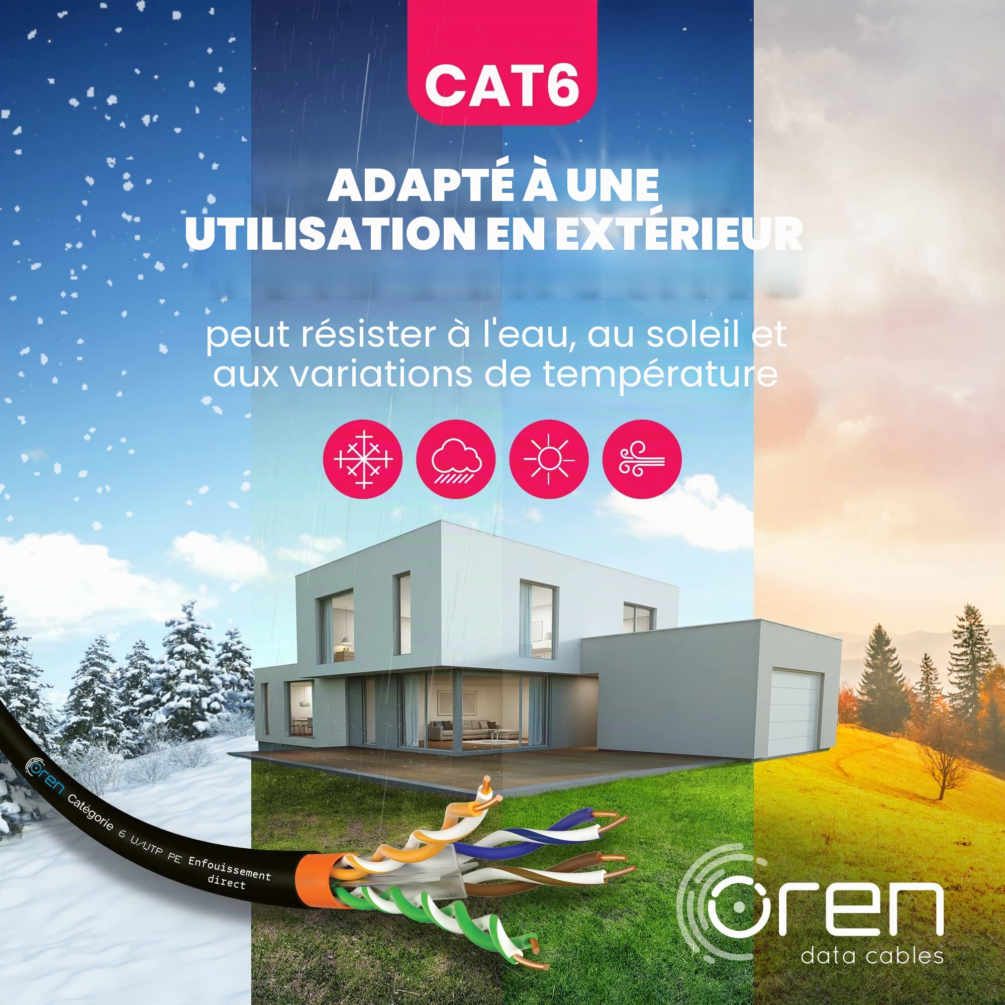 Oren CAT6 50m Câble Ethernet extérieur - Enfouissement direct - Câble en cuivre pur 23 AWG - Bande passante de 400 MHz Câble réseau LAN Internet UTP - Sans halogène, sans corrosion - Gigabit
