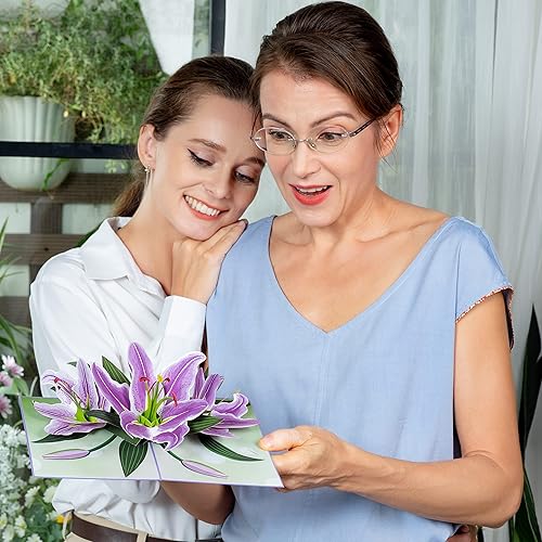 Miniatura 3 de Paper Love Tarjeta desplegable de lirios morados 3D, regalo para el día de la madre para mamá, esposa, para todas las ocasiones, cubierta de 5 x 7