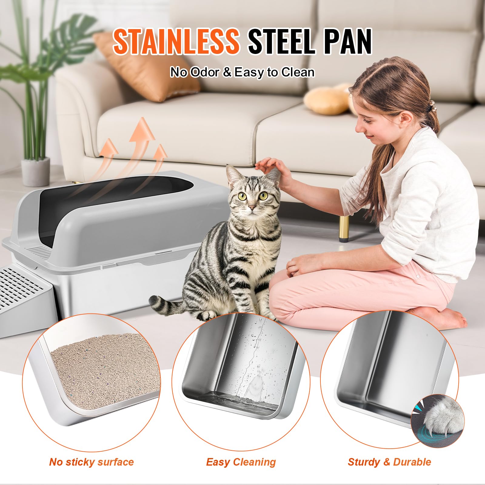 VEVOR Stainless Steel Cat Litter with Lid, XL Extra Large Enclosed Cat Litter Box for Big Cats, High Sides Metal Litter Box, Anti Leakage,Odor-Free & Easy Cleaning,Include Scoop & Foot Board - image 7