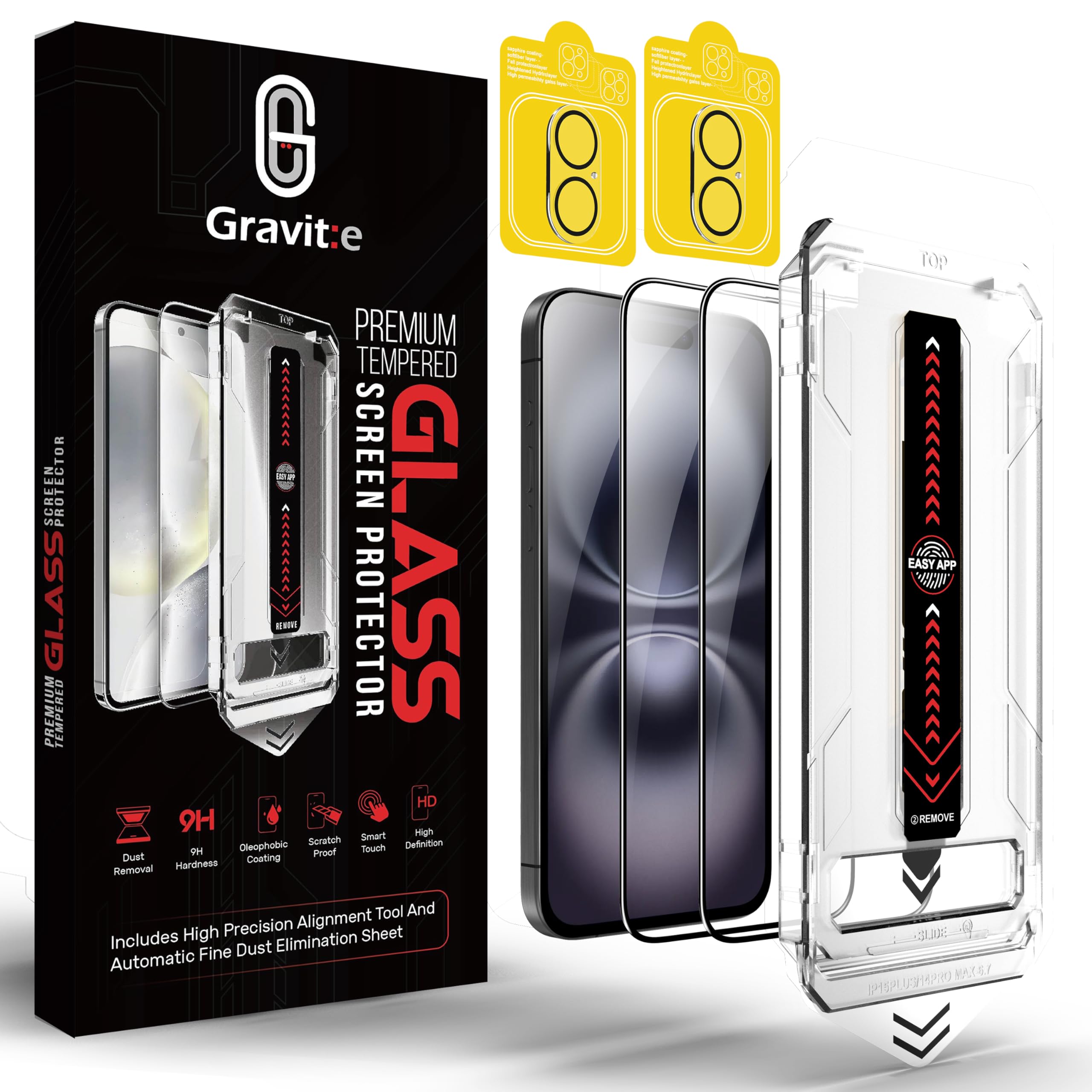 Gravit:e Screen Protector for iPhone, 9H Tempered Glass, Smart Installation Tool, Automatic Fine Dust Removal and Camera Protector 2 Pack (iPhone 16Plus)