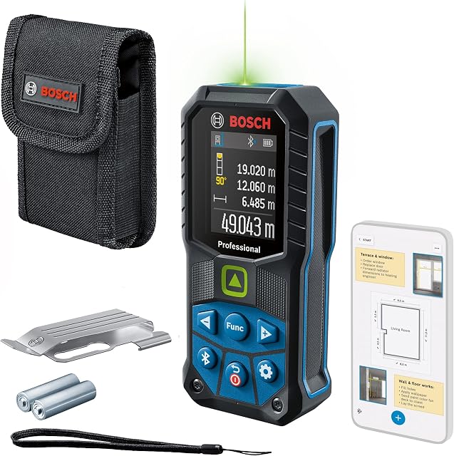 Bosch Professional Laser Measure GLM 50-27 CG + Belt Clip (green laser, range: up to 50m, robust, IP65, data transfer via Bluetooth, 2x AA batteries, hand strap, pouch) - Amazon Exclusive Set