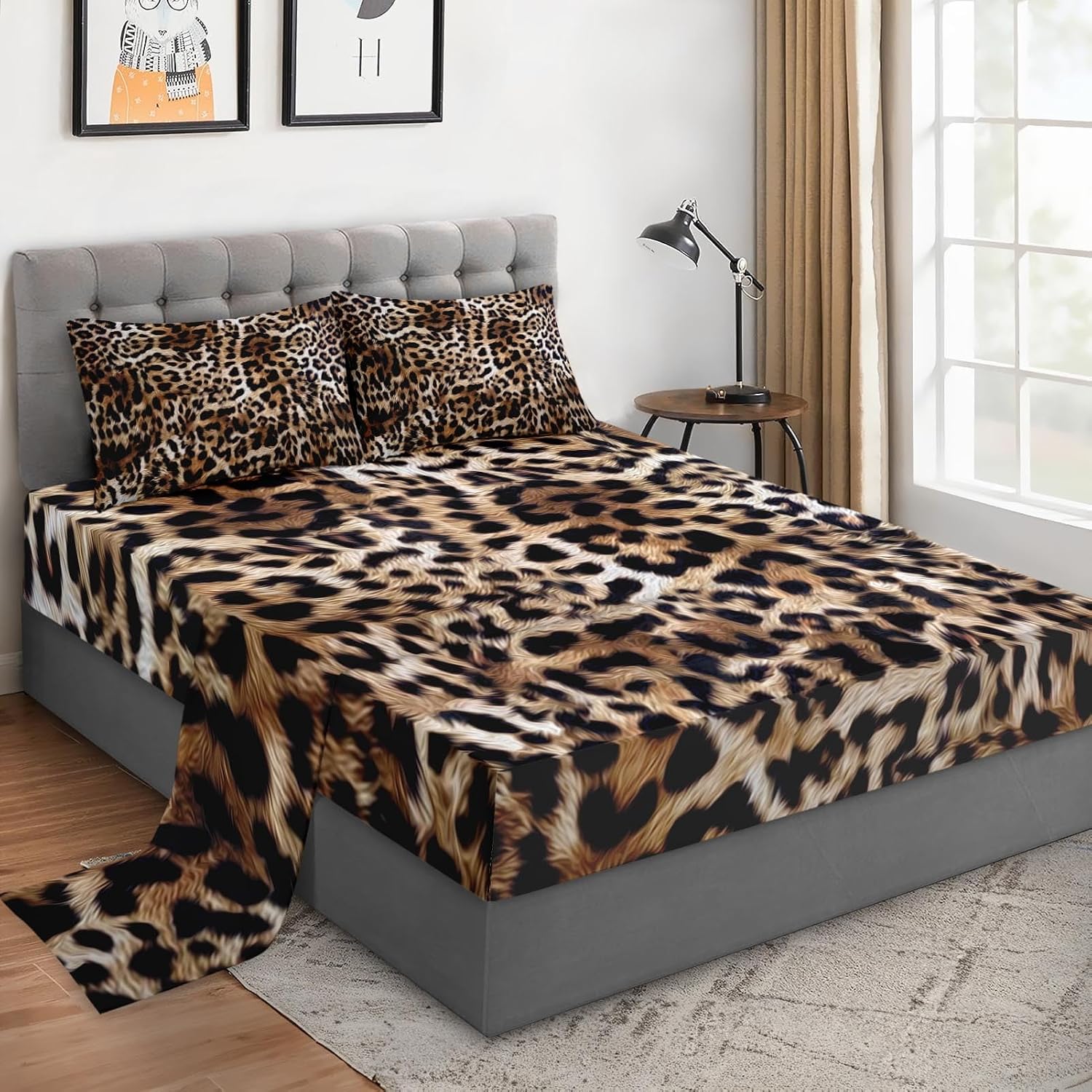 WeCozy 4 Pcs Queen Size Bed Sheet Sets with 2 Pillowcases, Leopard Cheetah Animal Soft Microfiber Bedding for Kids and Adults, Brown Vintage Flat, Fitted Sheet for Bedroom Bed Decor