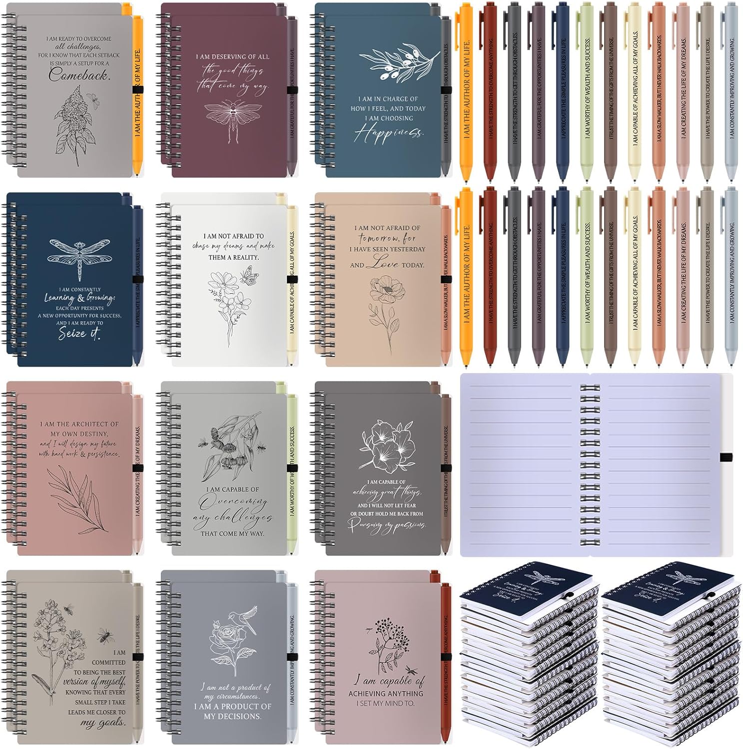 Kosiz 72 Pcs/36 Set Positive Affirmation Gifts Bulk for Women Gratitude Spiral Journals with Pens Motivational Notebooks Mothers Day Gifts for Mom Employee Coworker Teacher Nurse Volunteer (Simple)