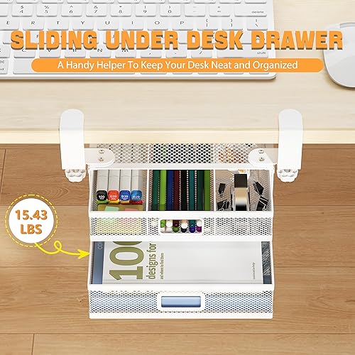 Miniatura 3 de Organizador de cajones deslizantes para debajo del escritorio, sin taladrar, 2 cajones deslizantes para escritorio o debajo de la mesa, abrazadera