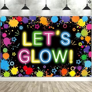 Glow Neon Party Backdrop Let's Glow Banner Photography Background 5.9x3.9Ft Graffiti Splatter Paint Photo Booth Props Glows in The Dark Party Decorations for Neon Birthday Black Light Parties Decor