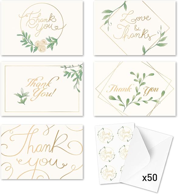 Rileys & Co Thank You Wedding Cards, Gold Foil, Classic 50 Wedding Cards, with Stickers & Envelopes | Bulk Thank You Notes Blank on the Inside | Greenery & Gold Foil Thank Yous