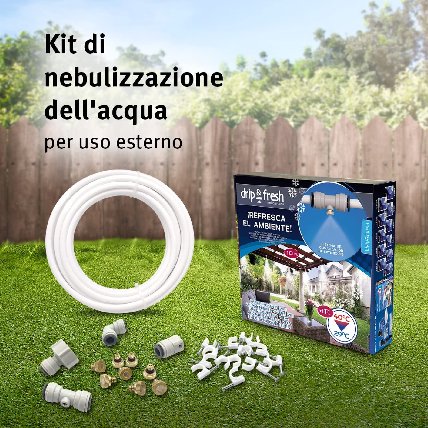 Drip & Fresh C5115N - Kit di Nebulizzazione per Climatizzare Il Cortile o la Terrazza - 8 Punti di Freschezza, Lunghezza 10 m