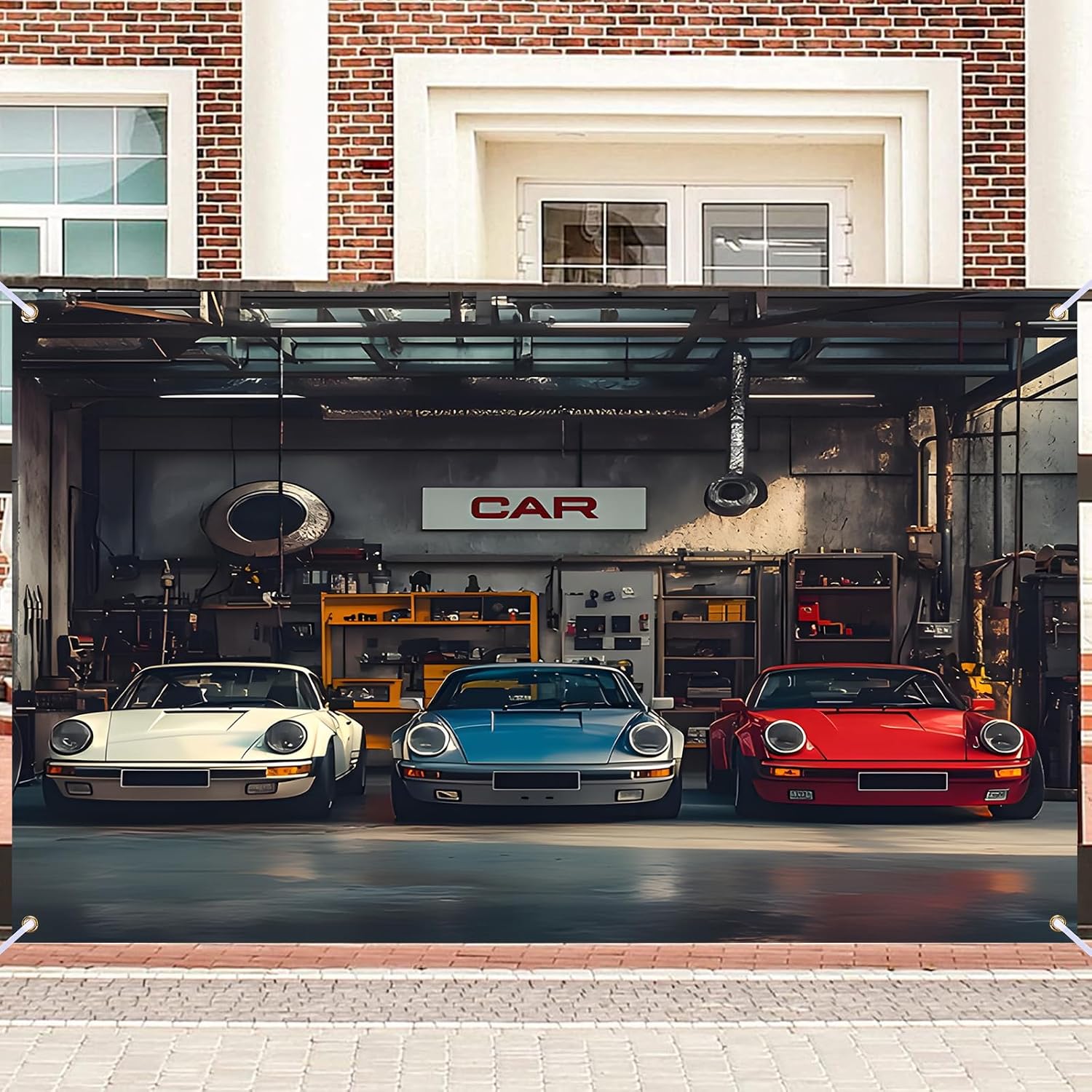 Nuxovilar Vintage Garage Classic Car Backdrop Polyester 90.55x70.86 Inches Photo Backdrop for Photography Car Enthusiast Man Cave Decor