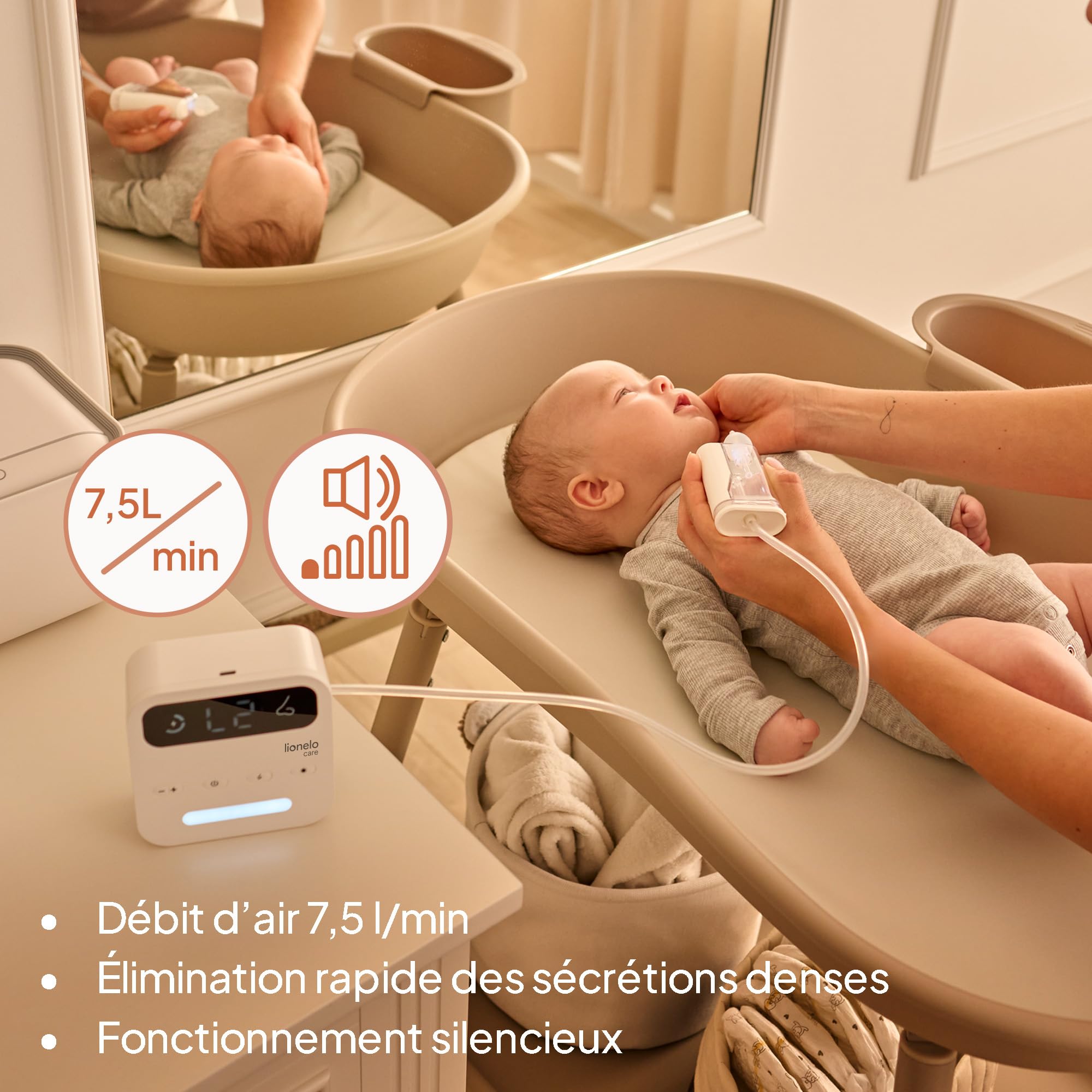 LIONELO BabyAir Flow Aspirateur Nasal Électrique Bébé Sans Fil | 9 Niveaux D’Aspiration | Débit 7,5 L/Min | 3 Embouts Silicone + 6 Filtres | Lumière Nocturne | Autonomie 2,5 H | Recharge USB-C