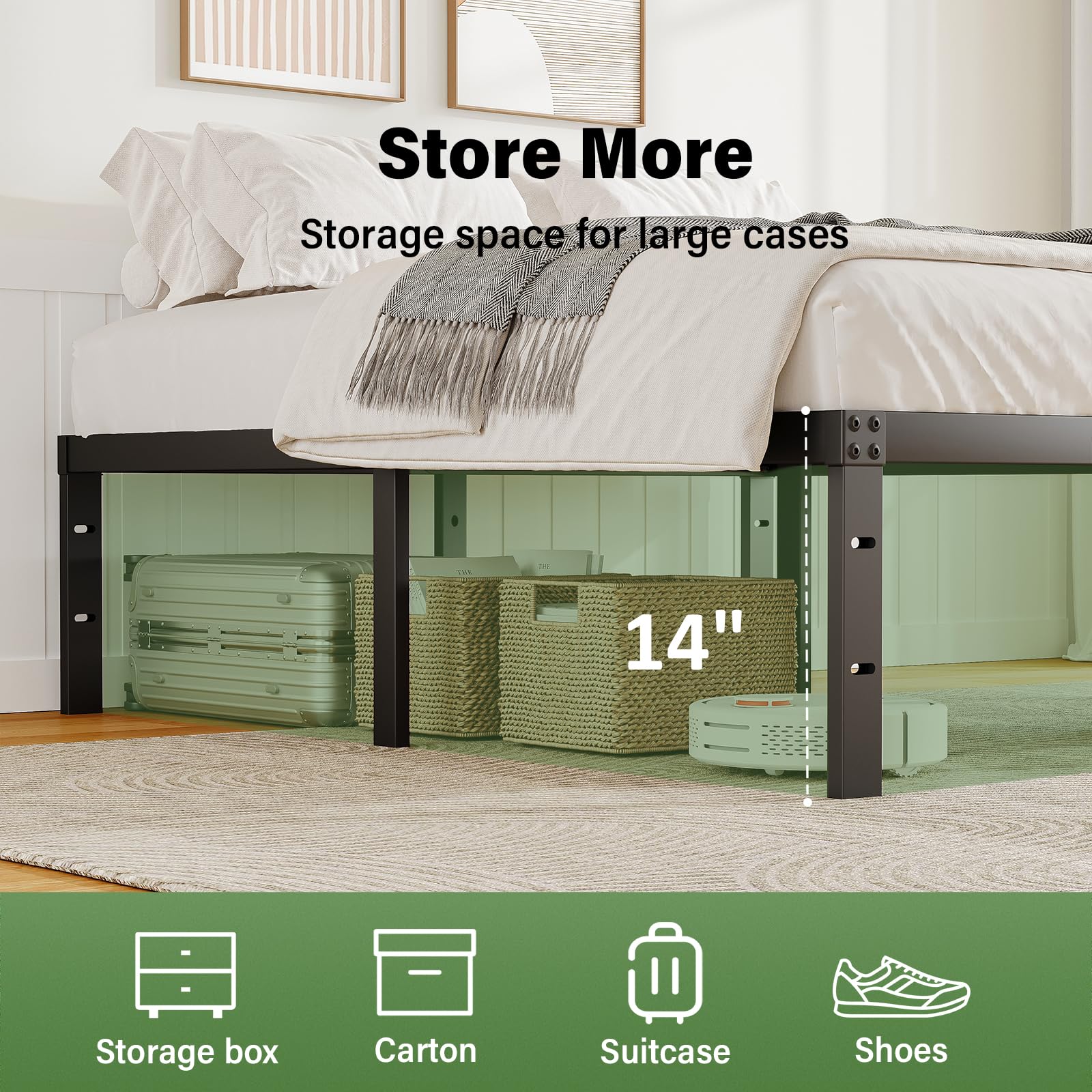 14 Inch Queen Bed Frame No Box Spring Needed, Metal Platform Bed Frame