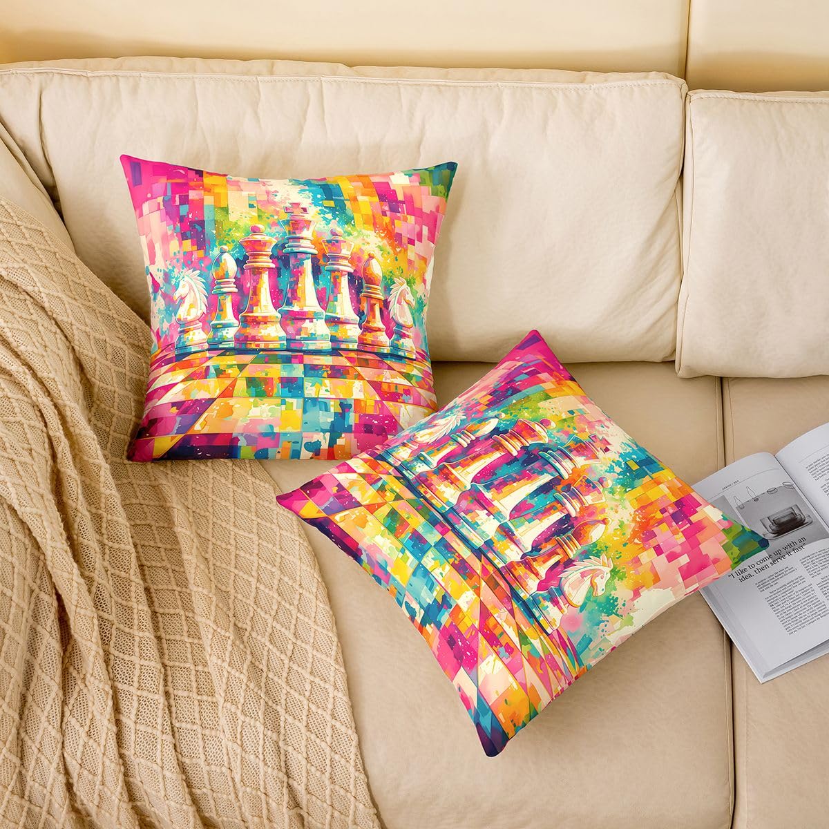 Homewish Copricuscino colorato a scacchi, confezione da 4, 50 x 50 cm