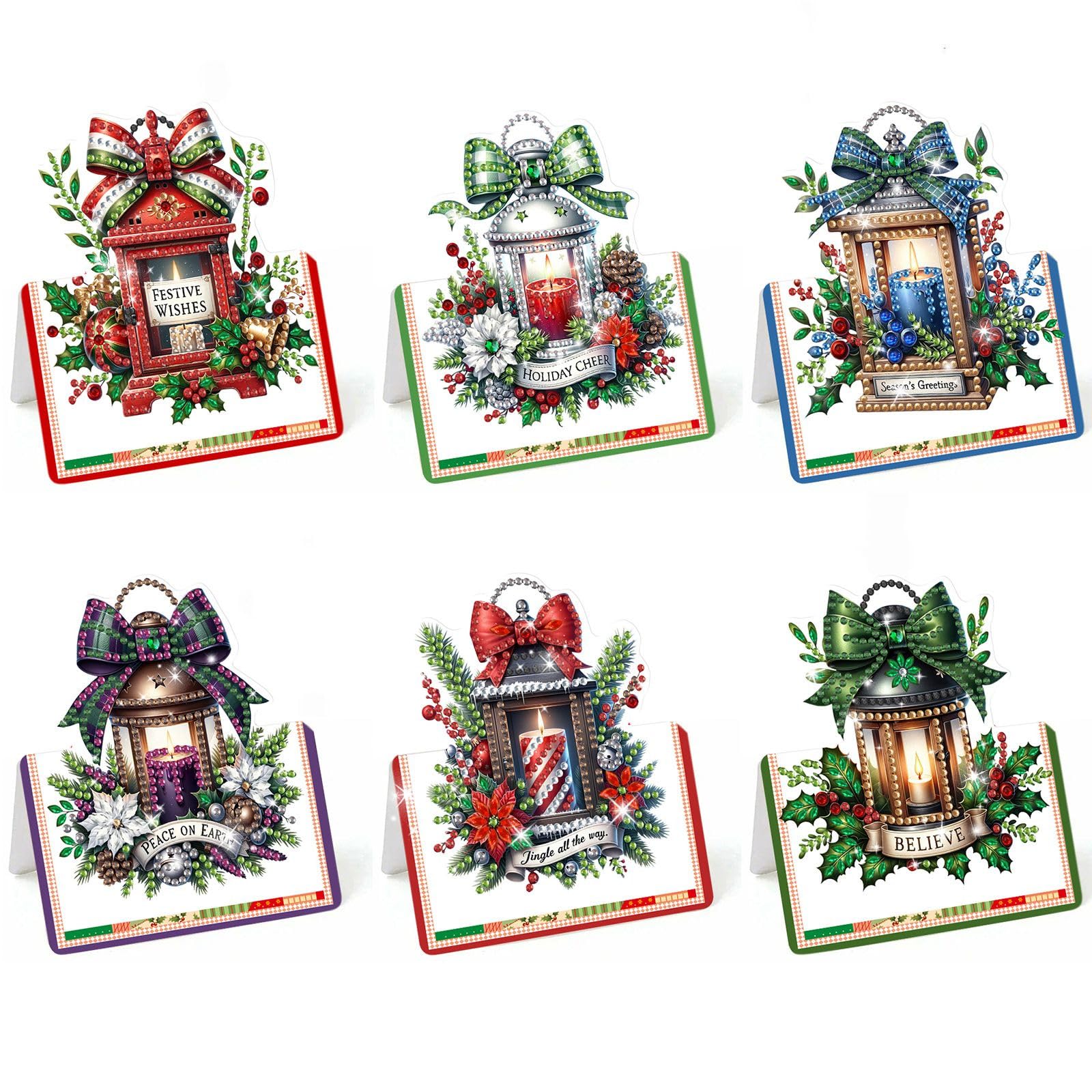 Lebartm 6Pcs 3D Folding Greeting Card DIY Diamond Art Painting Foldable Thank You Cards with White Envelopes Blessing Greeting Card Set for Festival Holiday-Christmas Lanterns — image 1