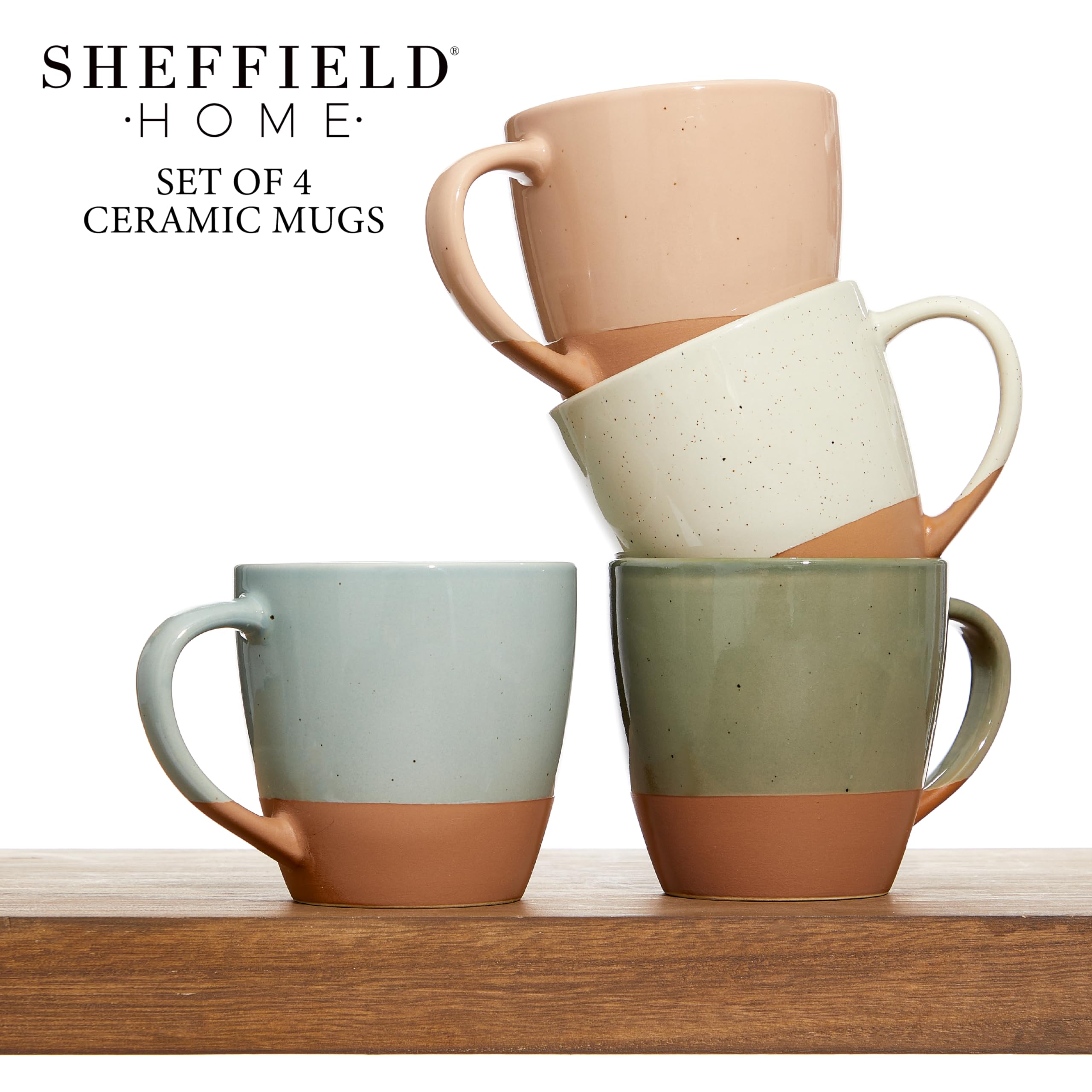 Sheffield Home - Juego de 4 tazas de café grandes de cerámica de 16 onzas con asas, aptas para lavavajillas y microondas, ideal para capuchino, espresso, latte, o té, varios colores neutros