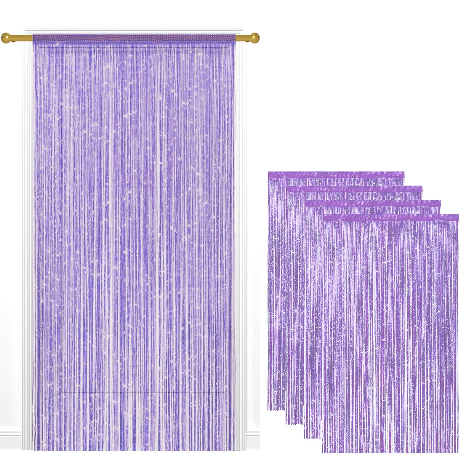 4 Pack String Door Curtains, 100 x 200 cm Glitter Fringe Panel Light purple