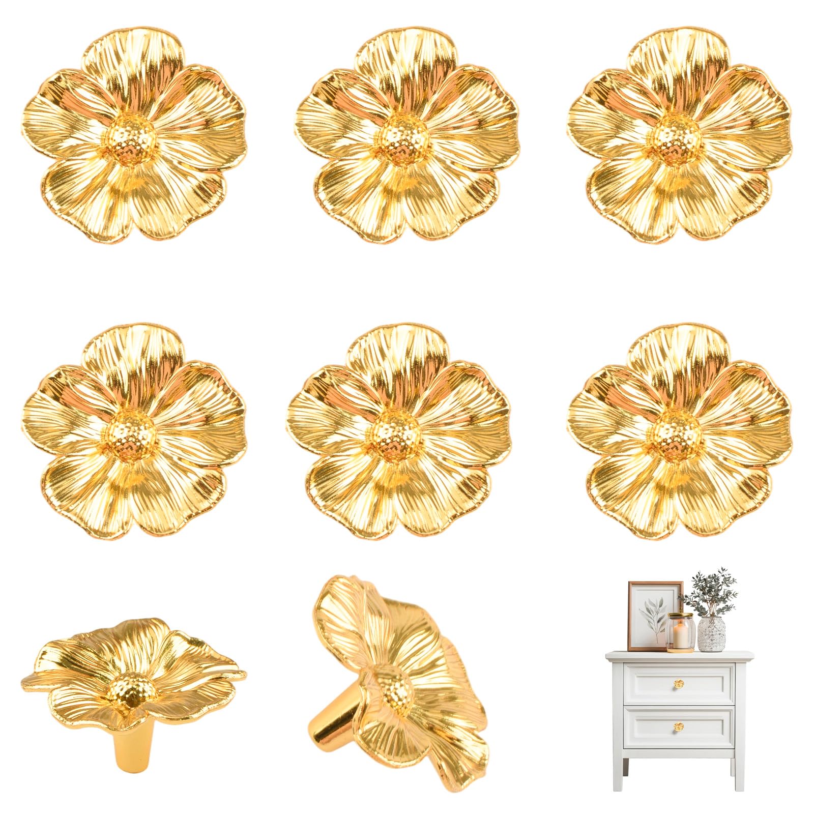 MOROBOR Zinc Alloy Golden Flower Knobs, 8 Pcs Flower Shape Cabinet Knobs for Drawer Cupboard Dresser Pulls Handle Single Hole Hardware Handle