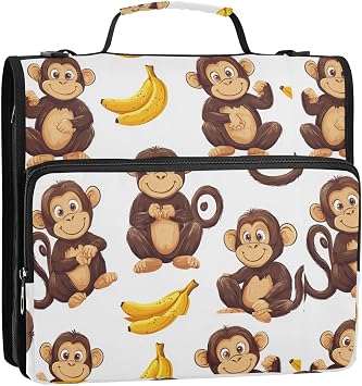 Boccsty Yellow Bananas Brown Monkeys Zipper Binder 3 Ring Binders Expanding File Folder Multi-Pocket Zipper Binder Organizer for School Shoulder Strap and Handle