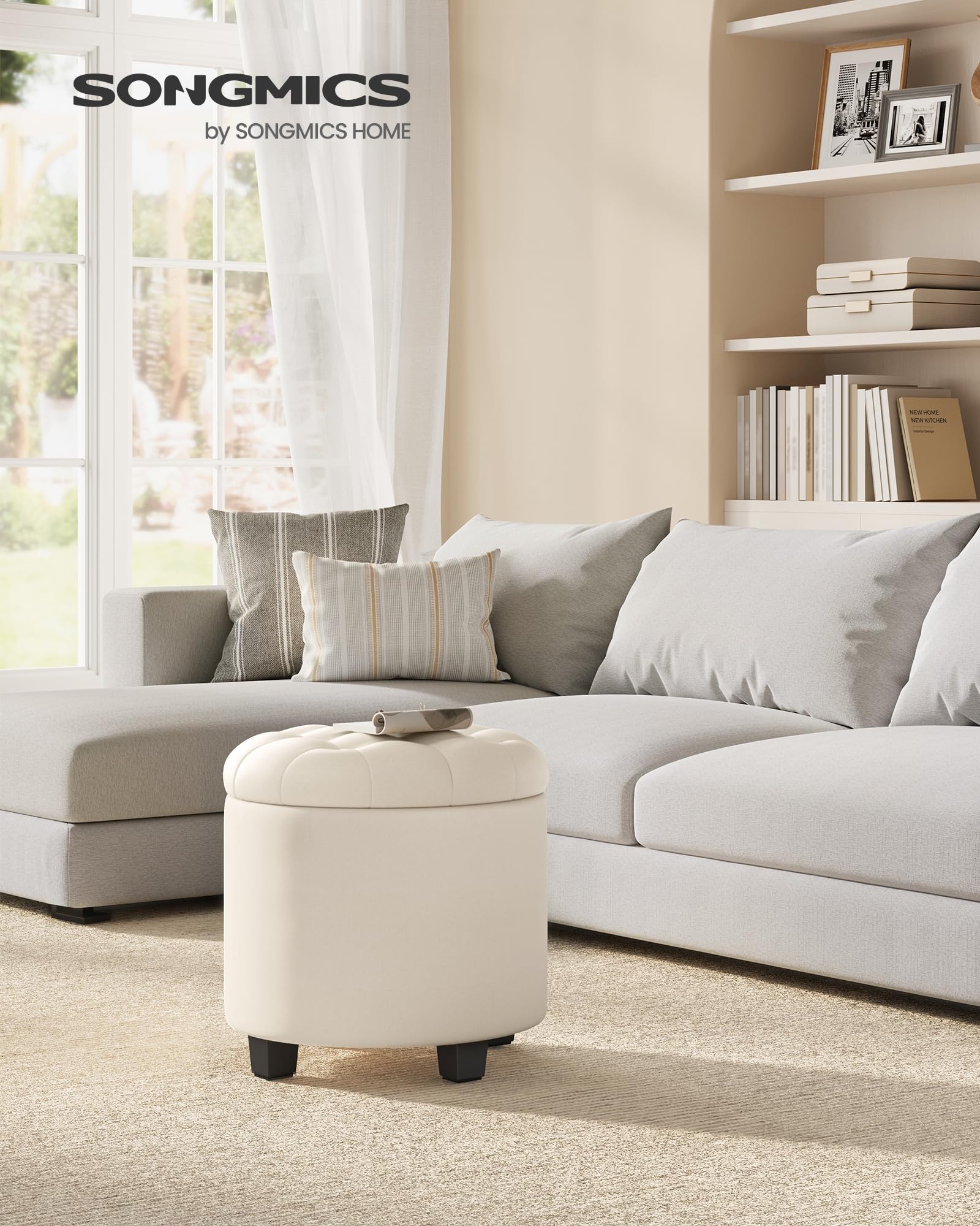 SONGMICS Puff Almacenahe, Banco de Almacenamiento, 45 x 45 x 44,5 cm, Reposapiés con Patas, Tejido con Aspecto de Lino, Carga hasta 150 kg, para Salón, Dormitorio, Beige Claro LOM011W01