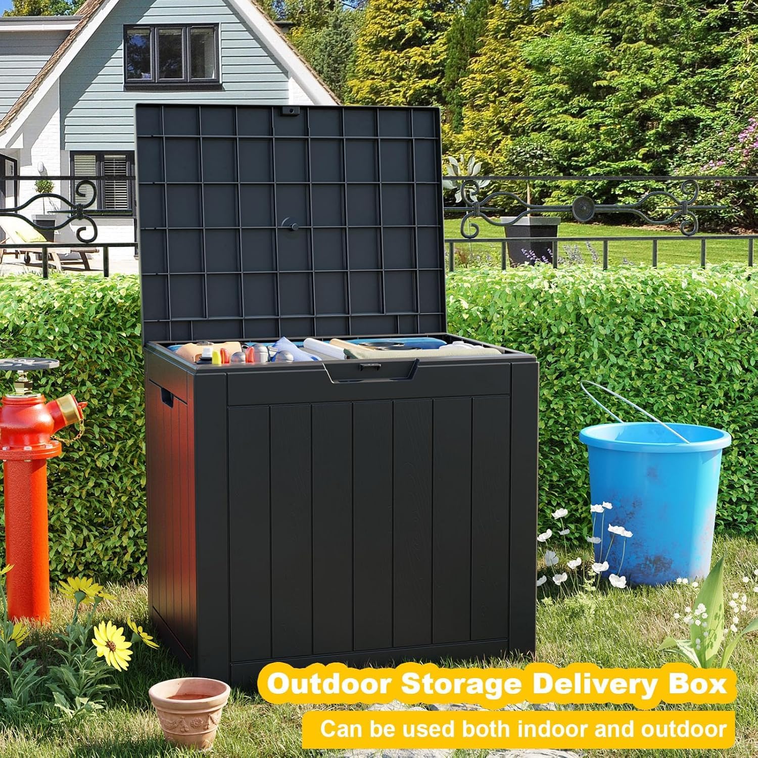 Outdoor Storage Box, 35 Gallon Deck Box, 132 Litre Waterproof Resin Storage Bin for Patio Cushions, Gardening Tools, Accessories, Lockable, UV Resistant Garden Chest Utility Handles Lid (Grey) — view 7