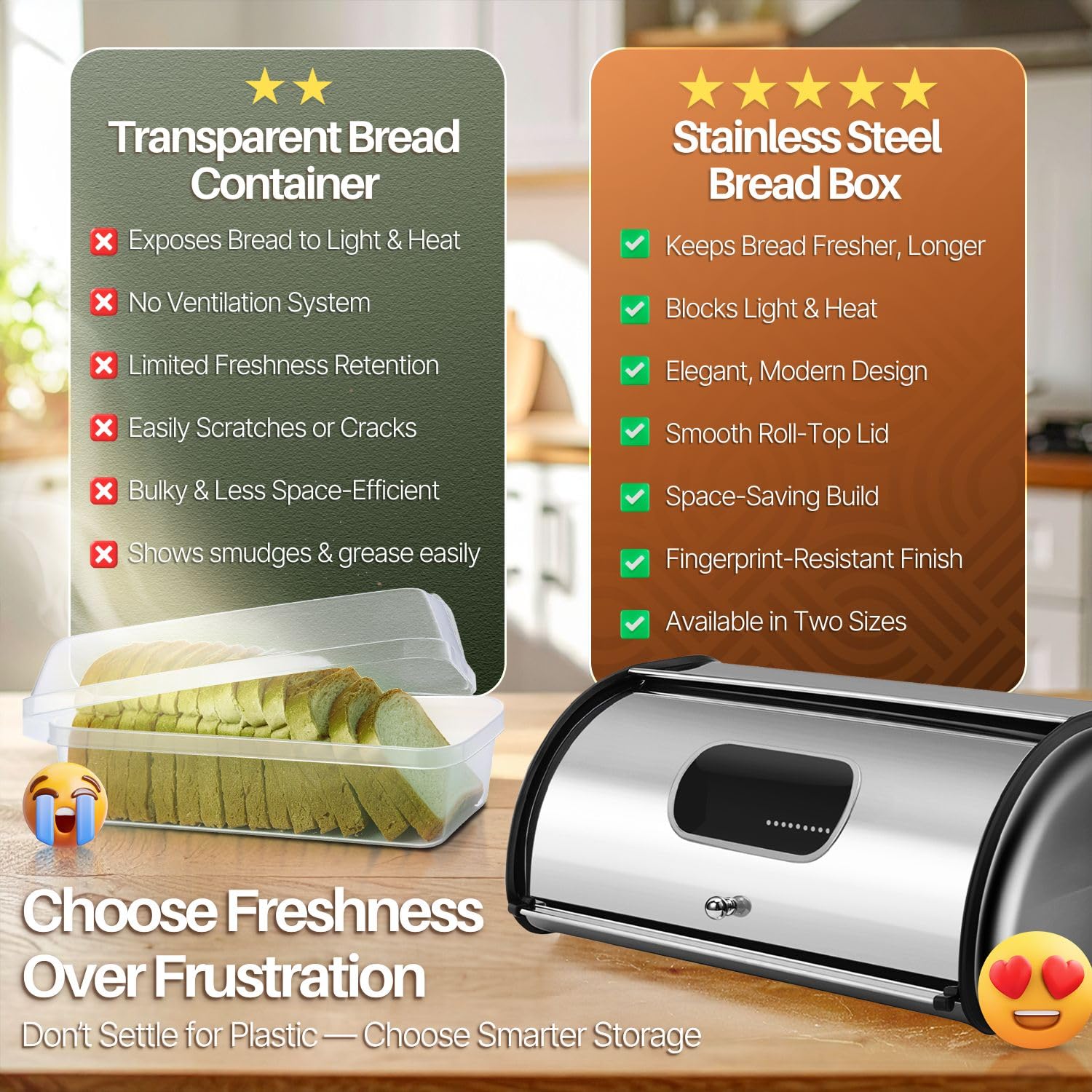Flexzion Brotkastenhalter aus Edelstahl mit aufrollbarem Deckel, Aufbewahrungsbehälter für hausgemachte Kuchen, Brötchen, Toasts, Brote, Gebäck, Zuhause, Küche 17 Inch with Window edelstahl