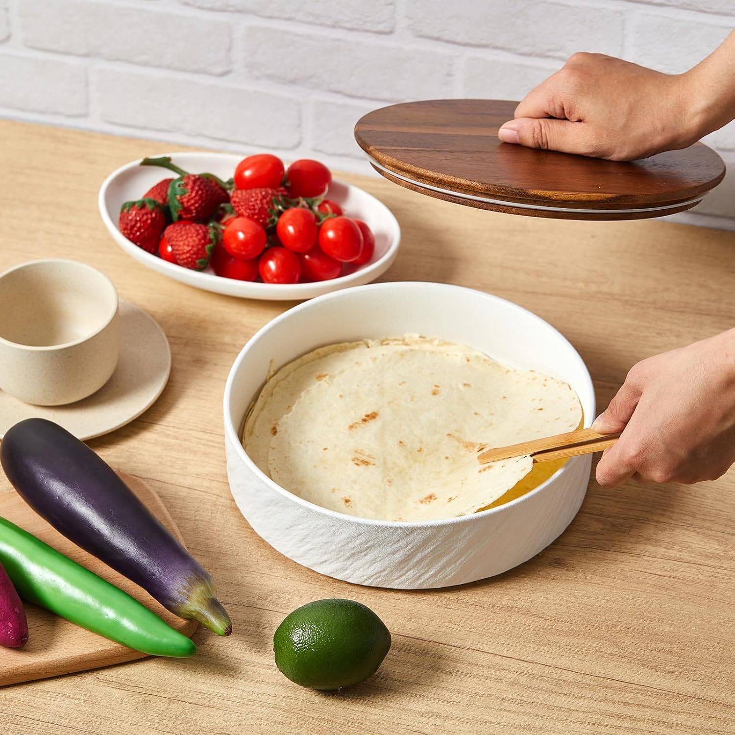 Ceramic Tortilla Warmer with Lid, 9 Inch Tortilla Holder, Premium Acacia Wood Lid, Insulated Bread Pancake Warmer Keeper Pancake Waffle Food Container for Picnic Rv Lunch Trip Kitchen