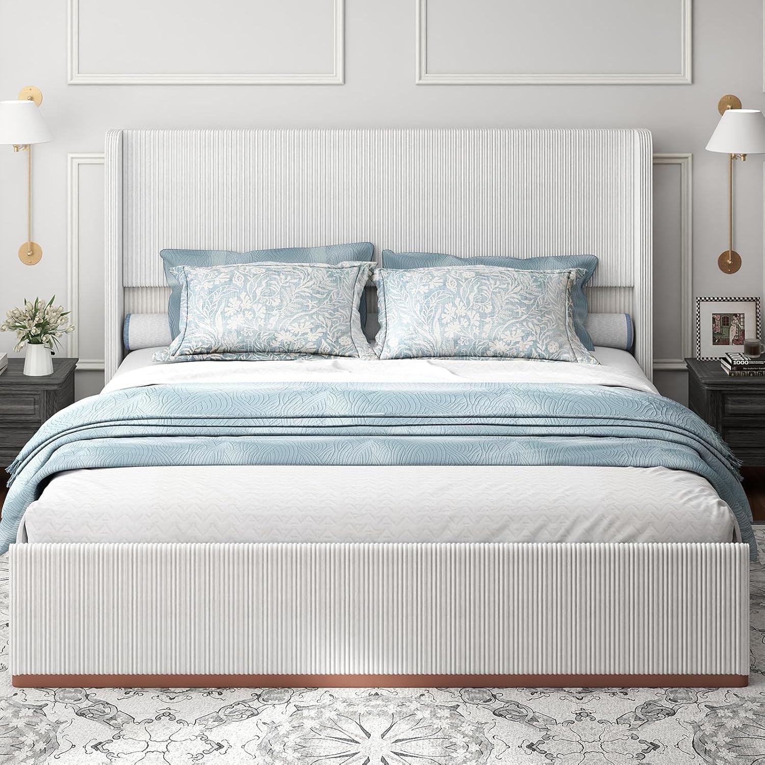 Doltoro Queen Size Upholstered Bed Frame, Soft Corduroy Platform Bed with 47" Luxury Wingback Headboard, Solid Steel Slats Support, No Box Spring Needed, Noise Free, Easy Assembly, White