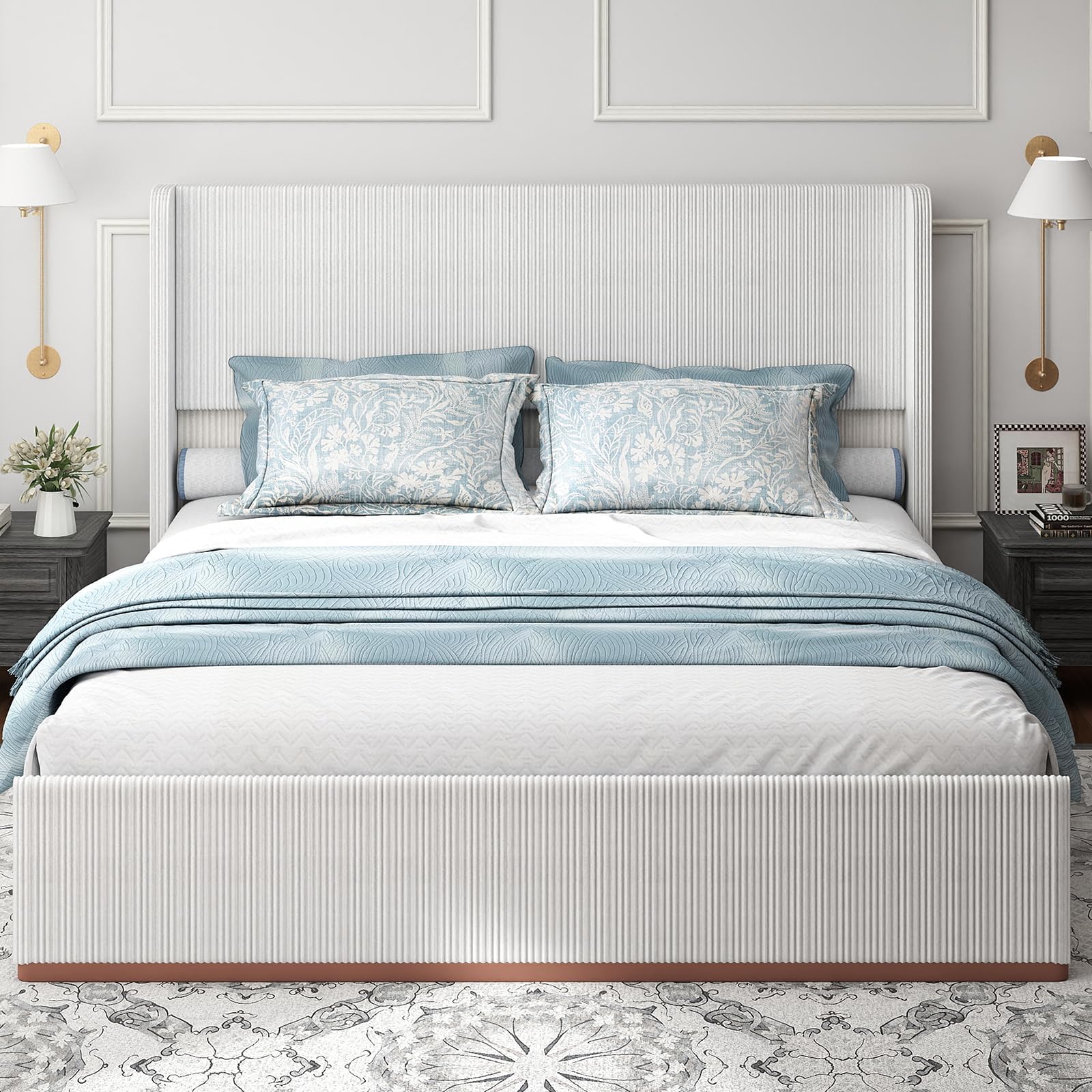 Doltoro King Size Upholstered Bed Frame, Soft Corduroy Platform Bed with 47" Luxury Wingback Headboard, Heavy Duty Metal Frame, No Box Spring Needed, Easy Assembly, Noise Free, Beige