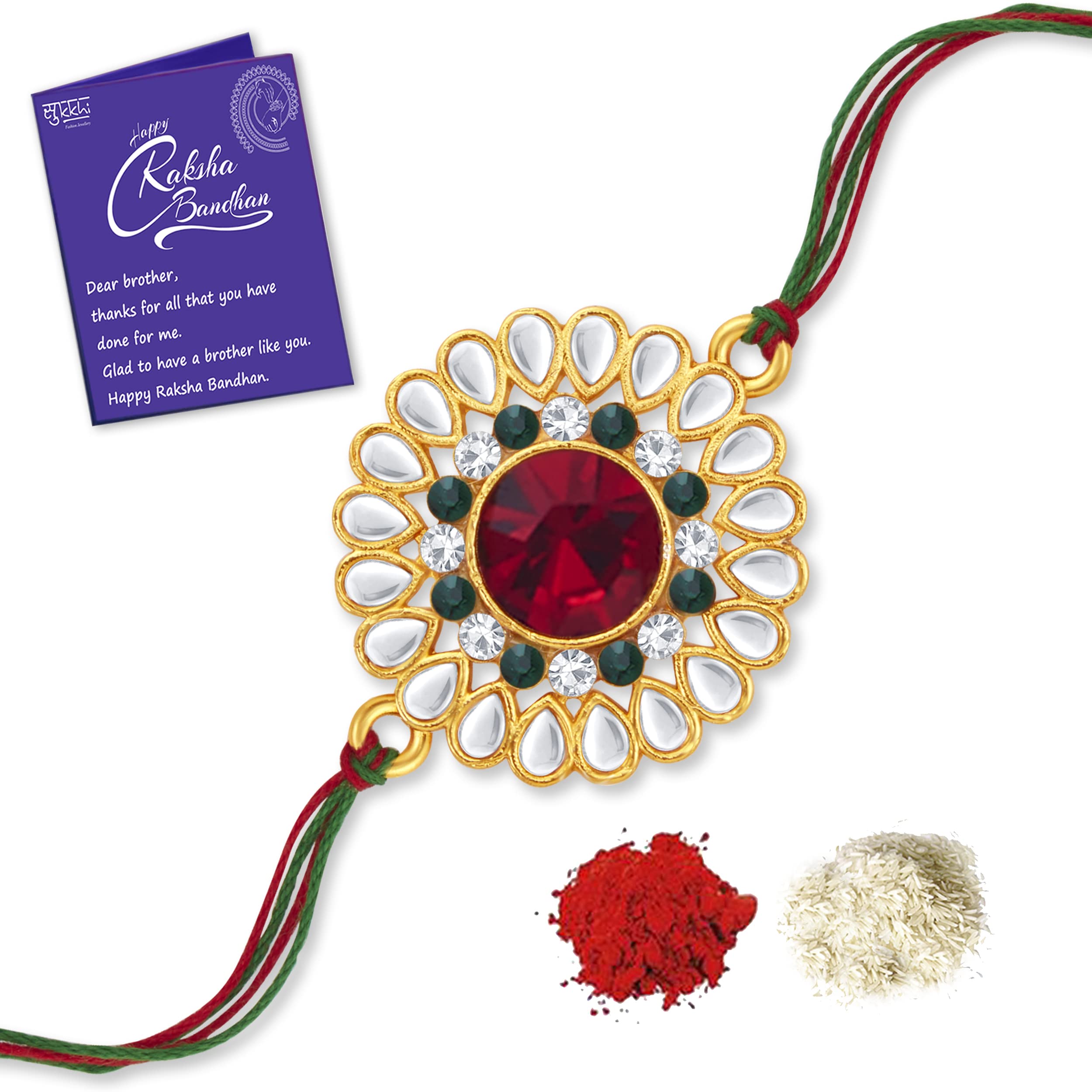 Sukkhi Rakhi Delightful Kundan Designer Gold Plated Premium Rakhi for Brother With Roli Chawal & Greeting Card | Rakhi for Bhaiya | Rakhi for MEN | Kundan Rakhi | (RAK104485) (B0B63CGP2X) Amazon Price History, Amazon Price Tracker