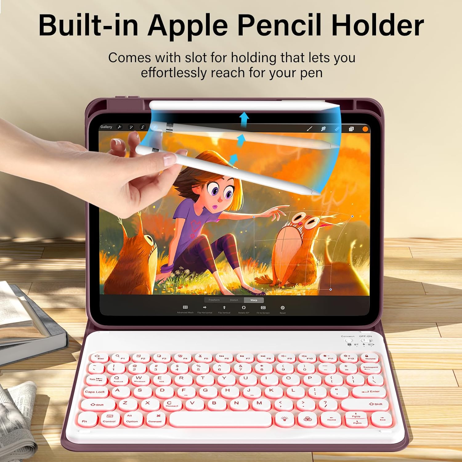 kenke for iPad 11/10th Gen Case with Keyboard 11/10.9 inch 2025 A16/2022, Detachable Wireless Bluetooth Keyboard Case with Right Side Pencil Holder, Backlit White Round Keycaps (Cherry)