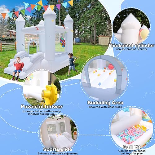 Miniatura 6 de Casa de rebote blanca con soplador, piscina de bolas, castillo inflable familiar en el patio trasero, adecuado para patio, eventos, fiestas, bodas,